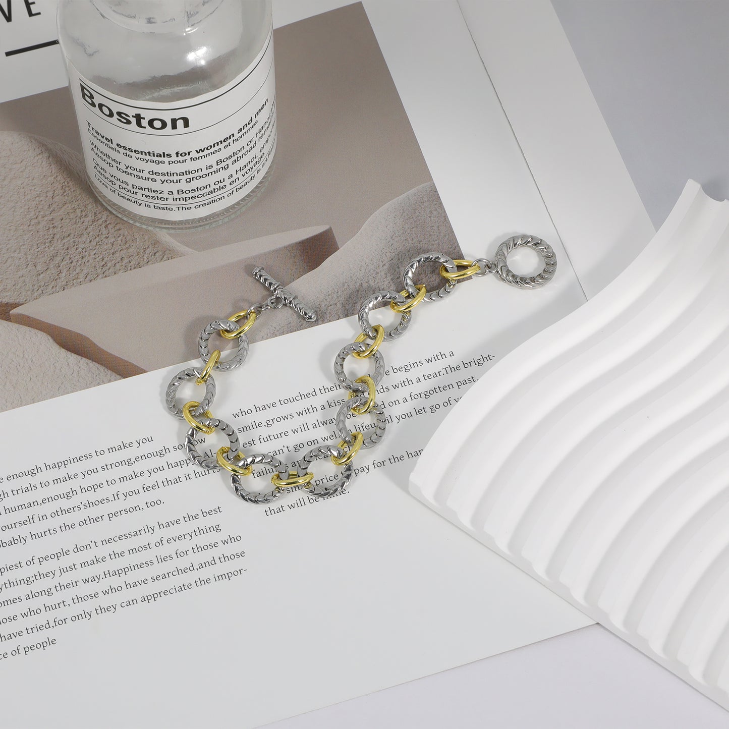 Aprilery Cable Link Bracelet for Women Two Tone Circle Chain Bangle Link Bracelets Trendy Silver and Gold Bracelets Jewelry