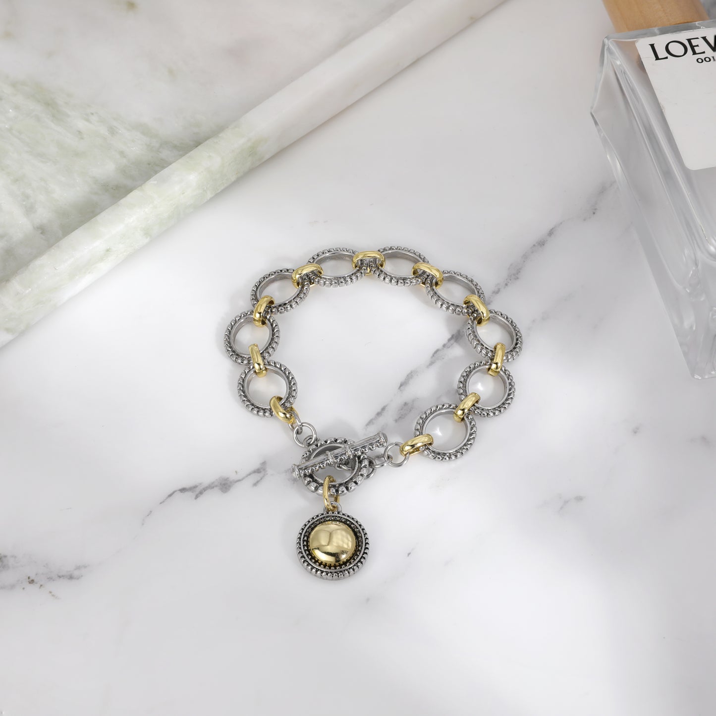 Aprilery Cable Link Bracelet for Women Two Tone Circle Chain Bangle Link Bracelets Trendy Silver and Gold Bracelets Jewelry