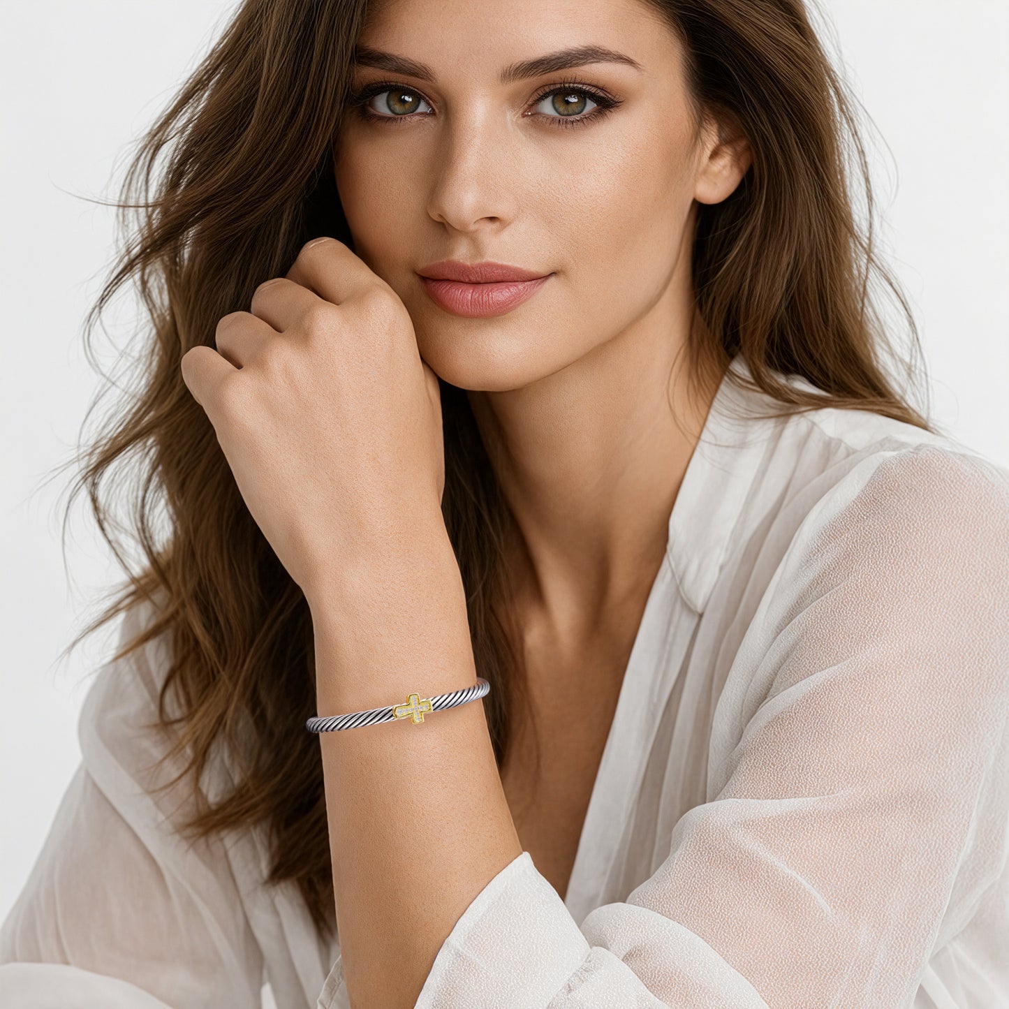 Aprilery Cuff Bracelet for Women Silver Wire Twisted Two Tone Cable Bracelet Gold Cross Cuff Bangle Vintage Bracelets Jewelry Gifts