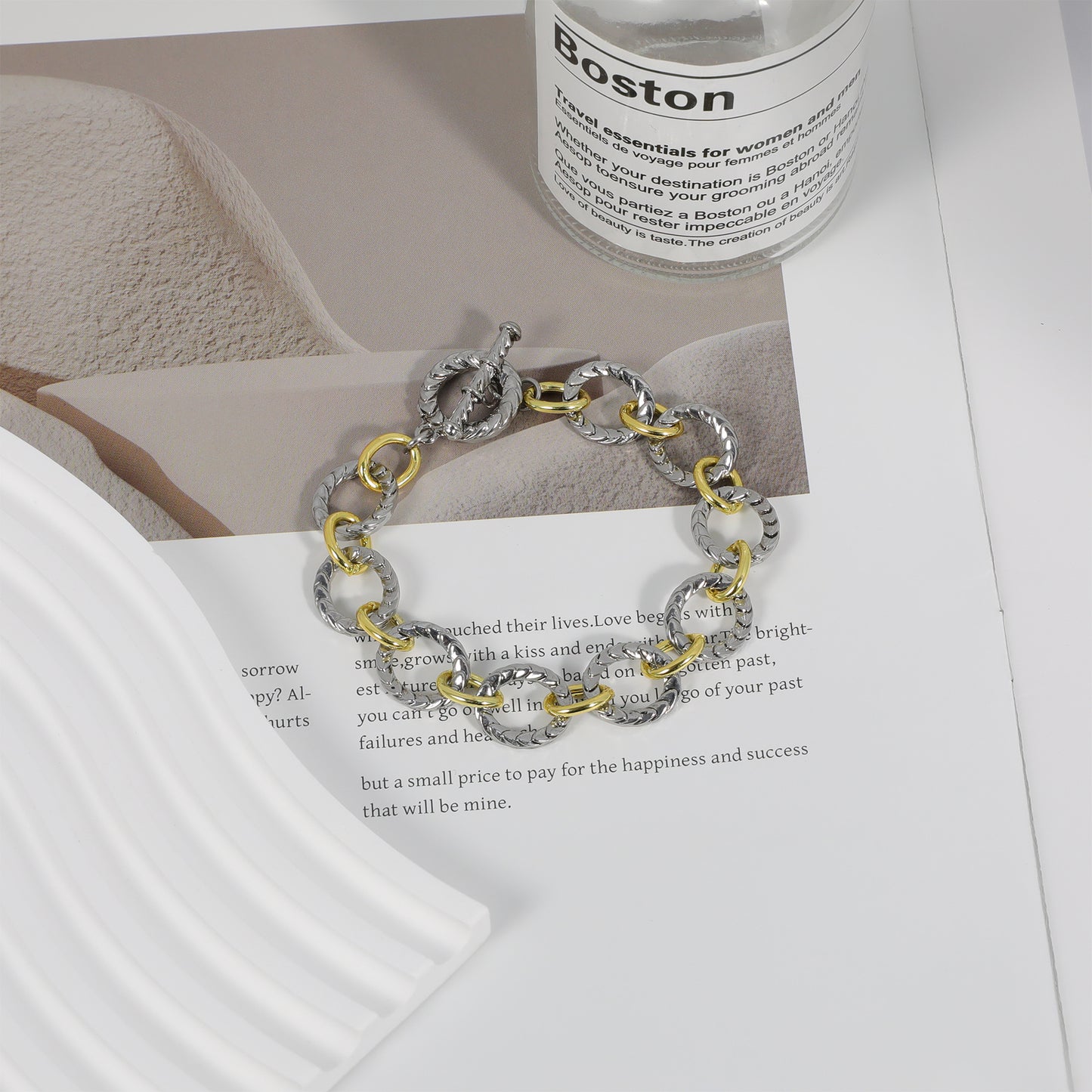 Aprilery Cable Link Bracelet for Women Two Tone Circle Chain Bangle Link Bracelets Trendy Silver and Gold Bracelets Jewelry