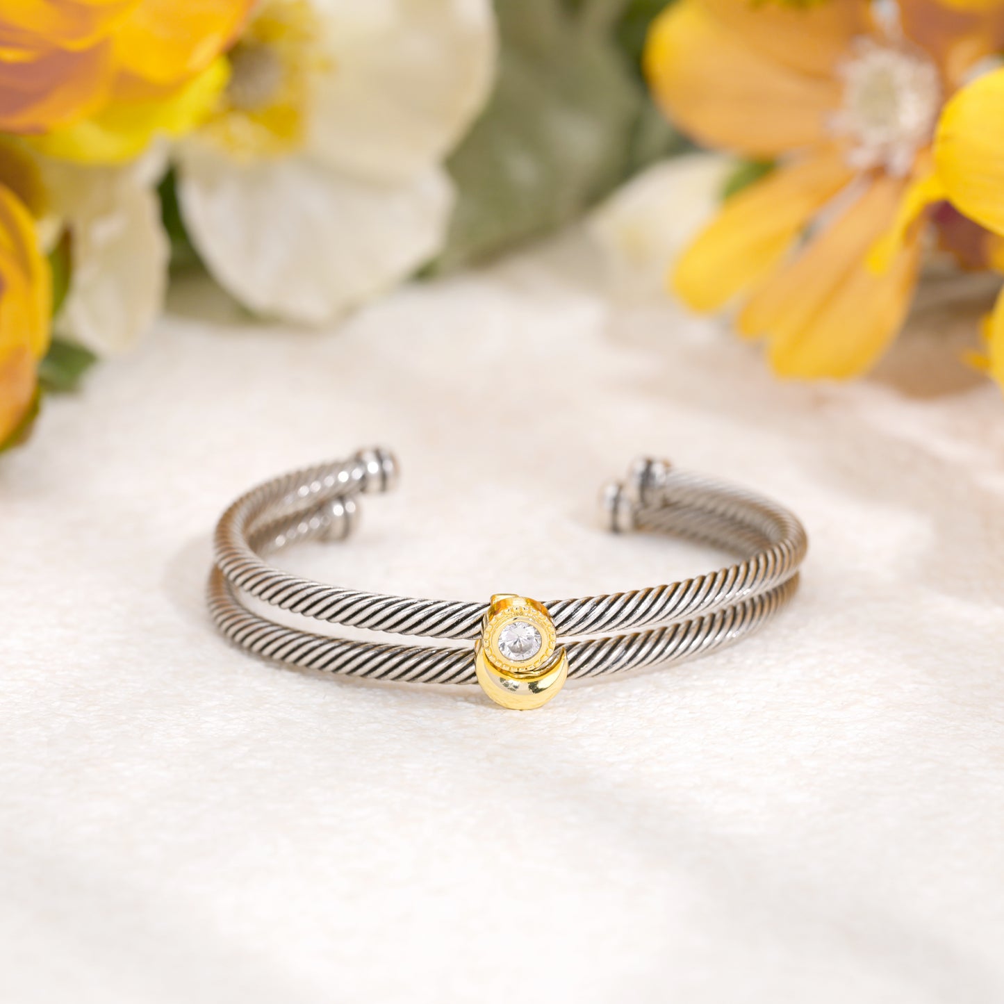 Aprilery Cuff Bracelet for Women Silver Wire Twisted Two Tone Cable Bracelet Gold Sun and Moon Cuff Bangle Vintage Bracelets Jewelry Gifts