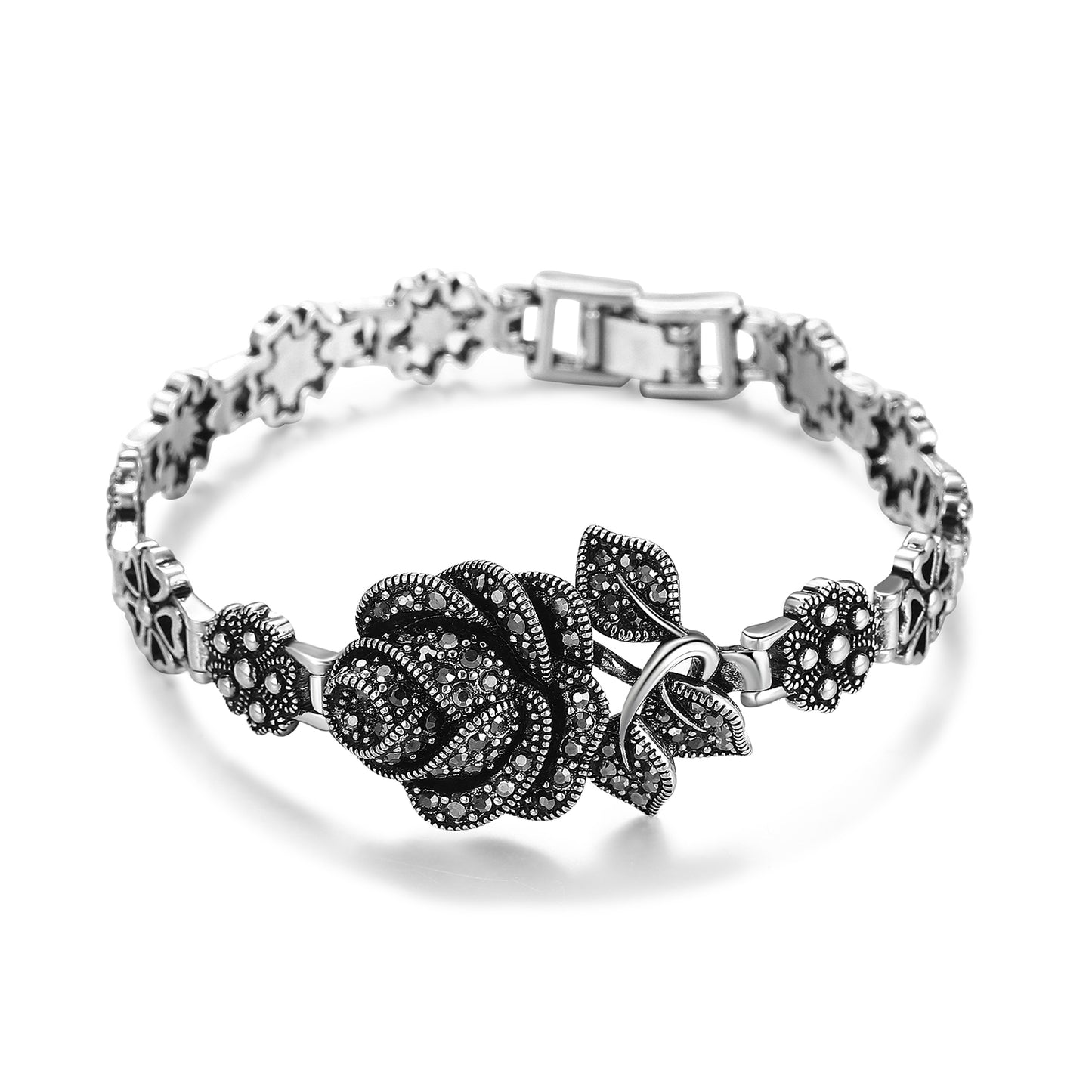 Black Rose Bracelets Onyx Marcasite Bangle for Women Bracelets Jewelry with Clasp Gifts for Her