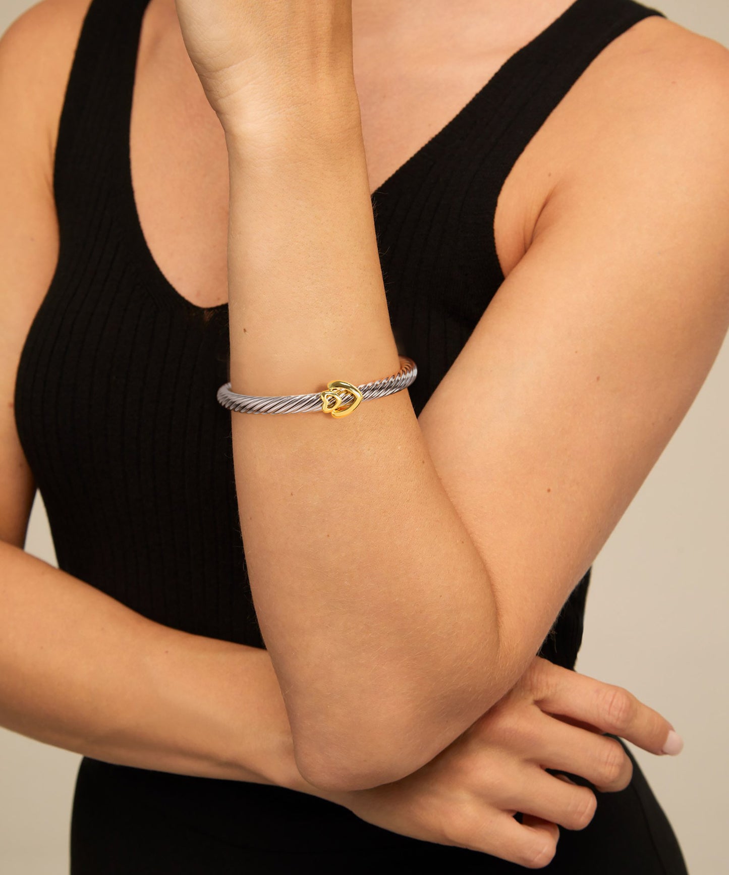 Aprilery Cuff Bracelet for Women Silver Wire Twisted Two Tone Cable Bracelet Gold Heart Cuff Bangle Vintage Bracelets Jewelry Gifts