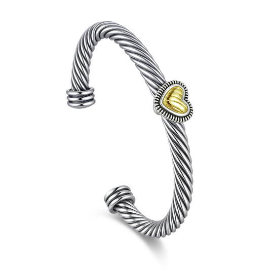Aprilery Cuff Bracelet for Women Silver Wire Twisted Two Tone Cable Bracelet Gold Heart Cuff Bangle Vintage Bracelets Jewelry Gifts