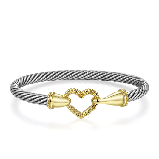 Aprilery Cuff Bracelets for Women Two Tone - Cable Bangle Bracelet Twisted Silver Wire - Gold Hook Heart Vintage Mixed Metal Cuff Bracelets Jewelry Gift