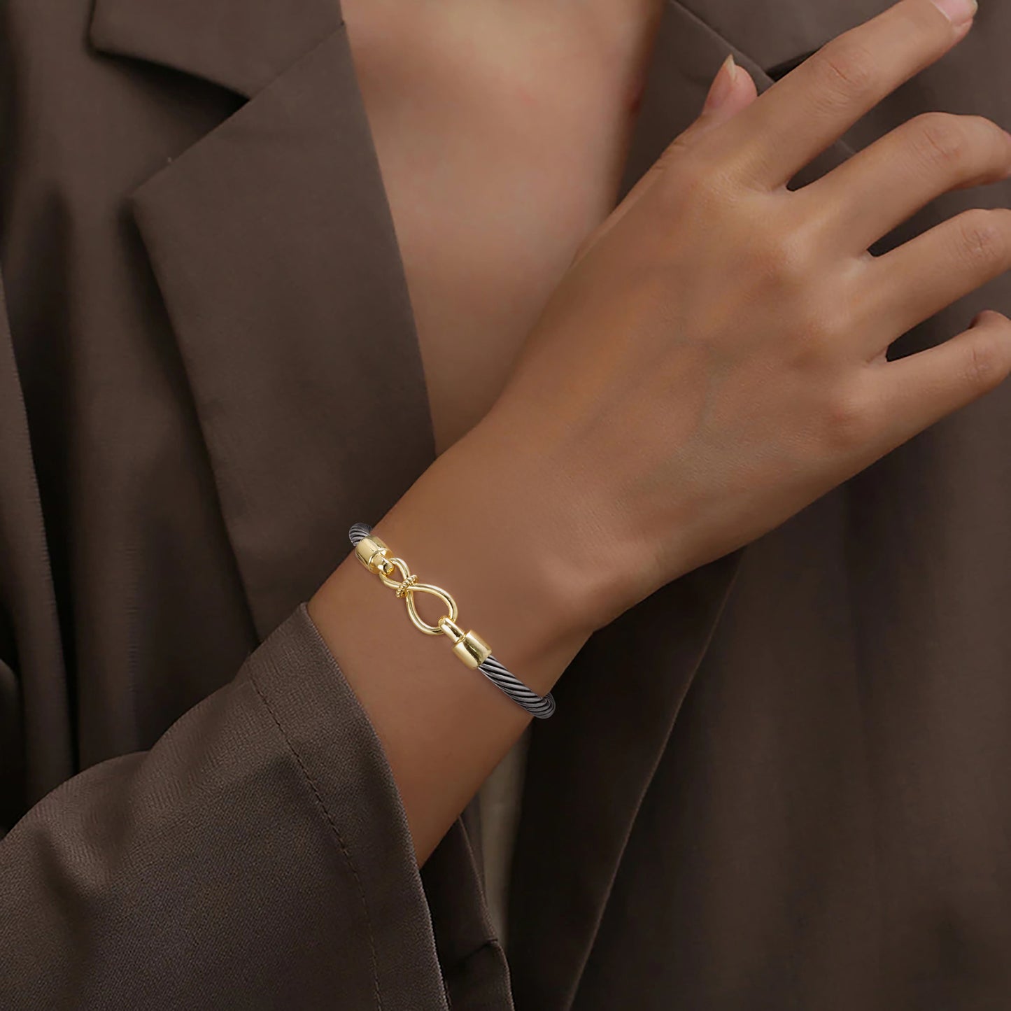Aprilery Cuff Bracelets for Women Two Tone - Cable Bangle Bracelet Twisted Silver Wire - Gold Hook Mobius strip Vintage Mixed Metal Cuff Bracelets Jewelry Gift