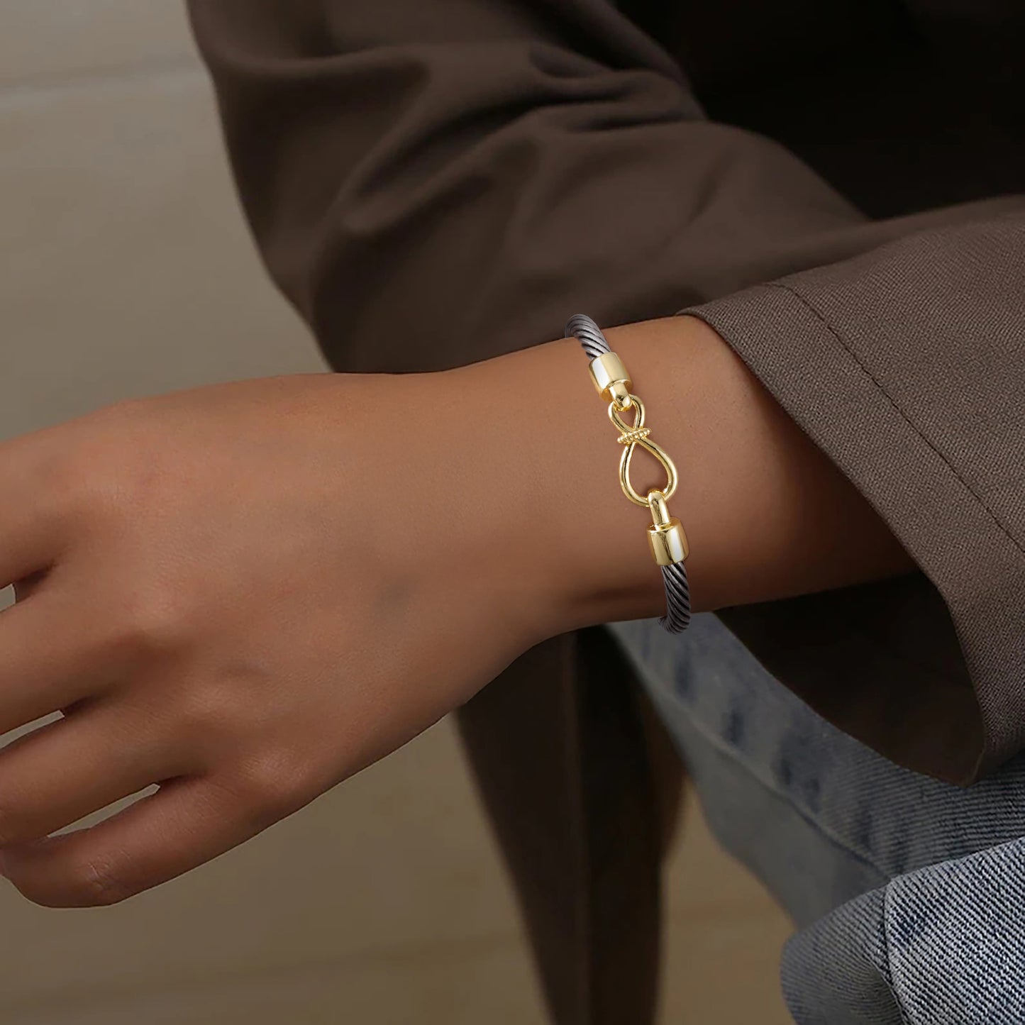 Aprilery Cuff Bracelets for Women Two Tone - Cable Bangle Bracelet Twisted Silver Wire - Gold Hook Mobius strip Vintage Mixed Metal Cuff Bracelets Jewelry Gift