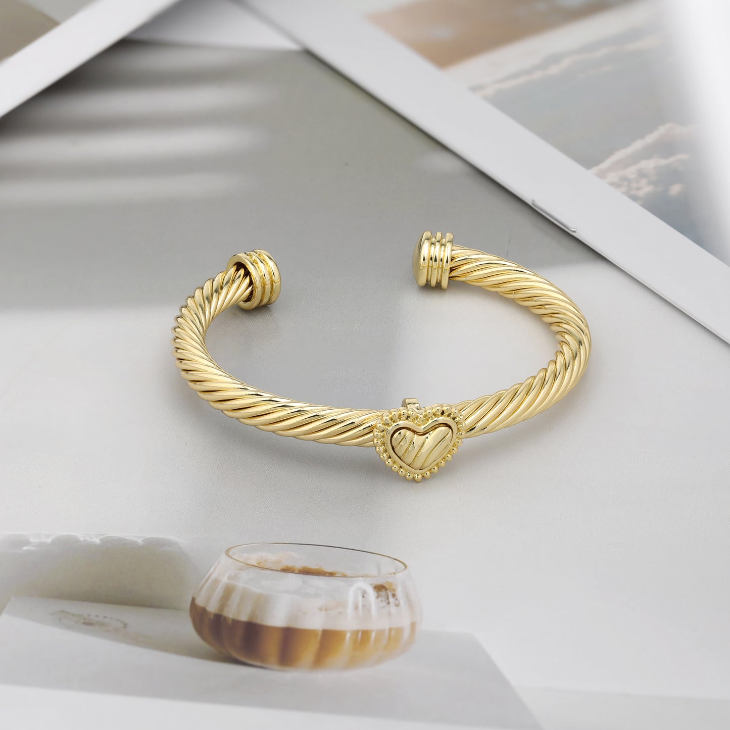 Aprilery Cuff Bracelet for Women Silver Wire Twisted Two Tone Cable Bracelet Gold Heart Cuff Bangle Vintage Bracelets Jewelry Gifts