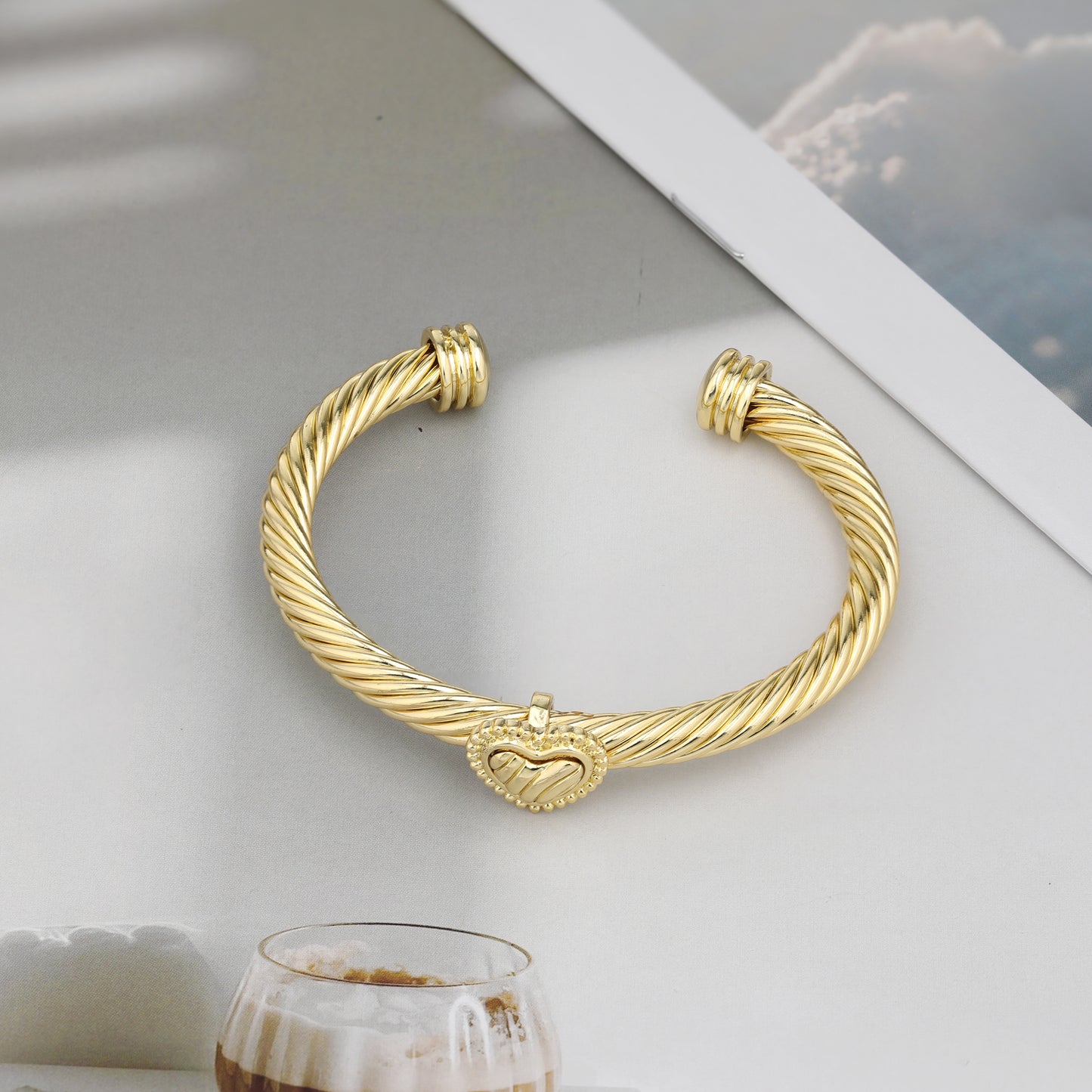 Aprilery Cuff Bracelet for Women Silver Wire Twisted Two Tone Cable Bracelet Gold Heart Cuff Bangle Vintage Bracelets Jewelry Gifts