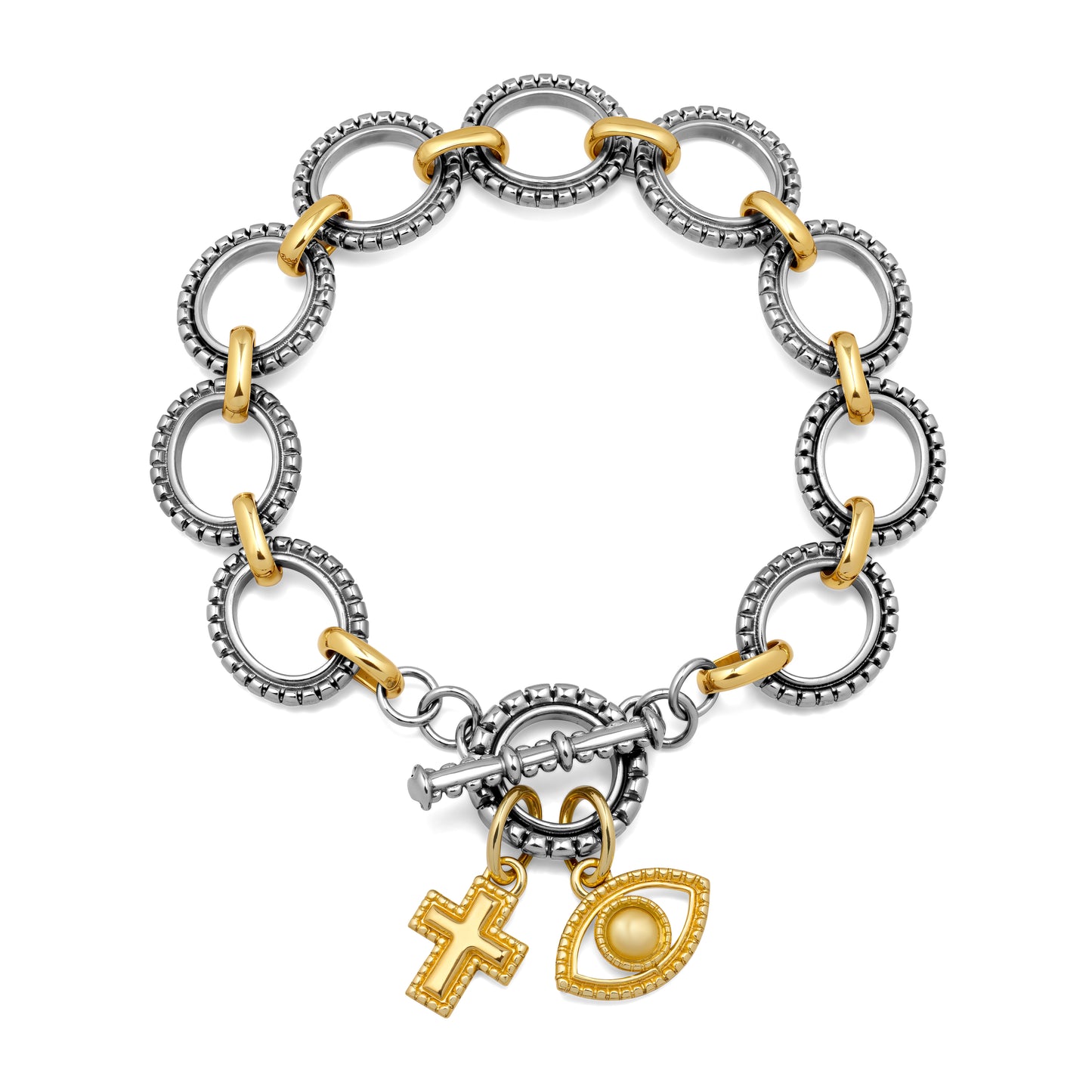 Aprilery Cable Link Bracelet for Women, Two Tone Circle Chain Bangle Evil Eye Bracelets Trendy Silver and Gold Bracelets Jewelry