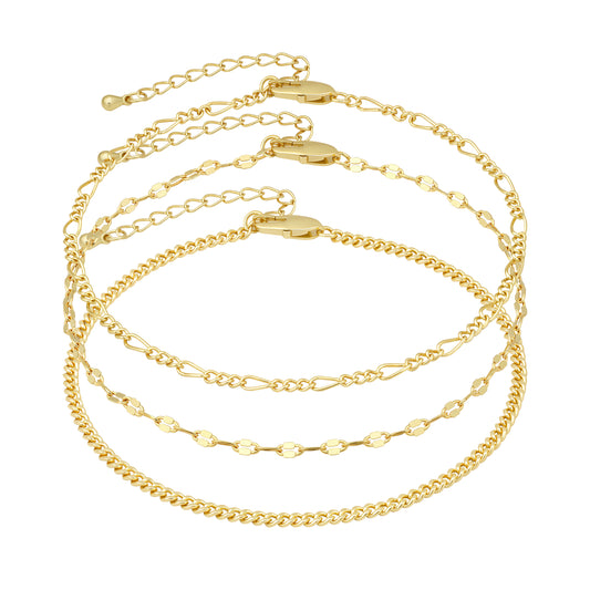 Aprilery 3Pcs Gold Layered Anklet Set for Women, Dainty Adjustable Cuban Link Paperclip Chain Ankle Bracelets, Trendy Summer Beach Foot Jewelry Gift