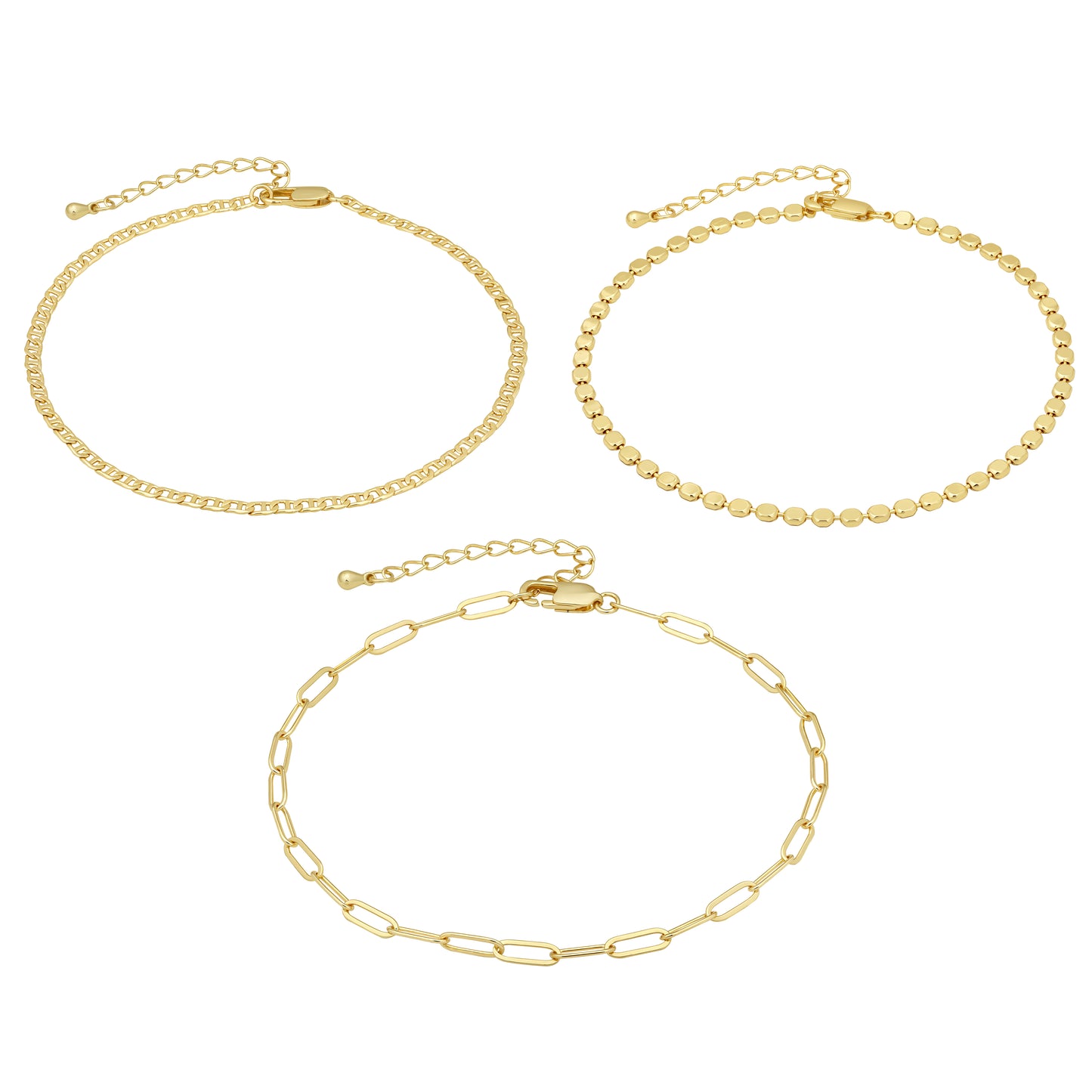 Aprilery 3Pcs Gold Layered Anklet Set for Women, Dainty Adjustable Cuban Link Paperclip Chain Ankle Bracelets, Trendy Summer Beach Foot Jewelry Gift