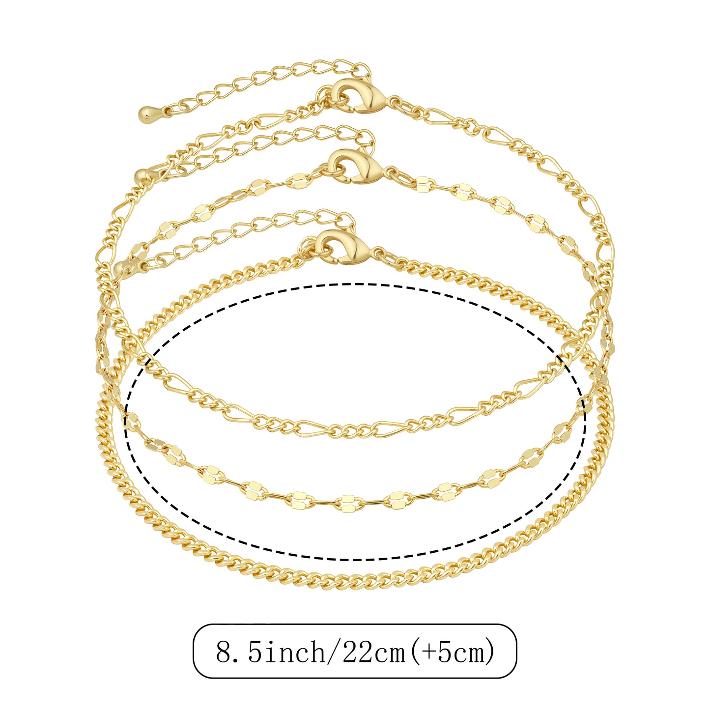 Aprilery 3Pcs Gold Layered Anklet Set for Women, Dainty Adjustable Cuban Link Paperclip Chain Ankle Bracelets, Trendy Summer Beach Foot Jewelry Gift