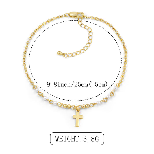 Aprilery Gold Cross Pearl Anklet for Women, Dainty Adjustable Religious Ankle Bracelet, Trendy Summer Beach Foot Jewelry Gift