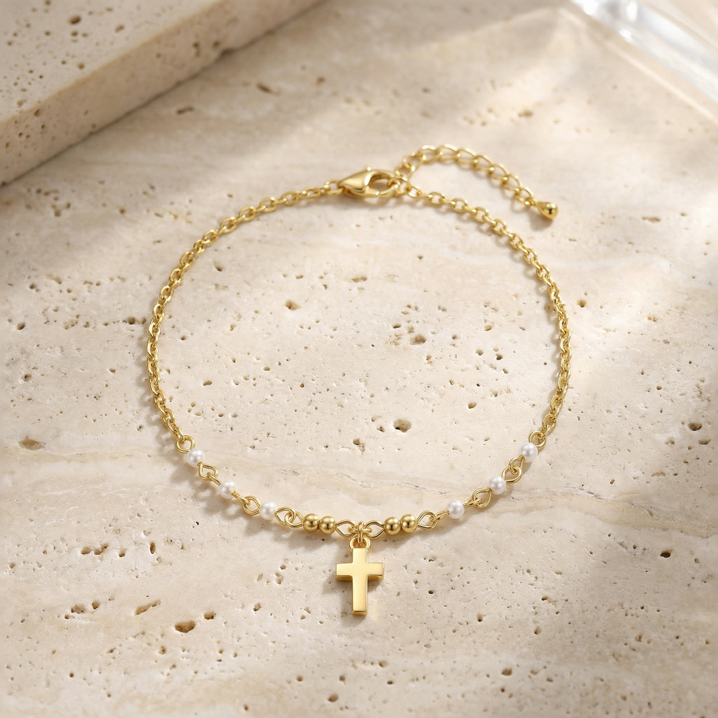 Aprilery Gold Cross Pearl Anklet for Women, Dainty Adjustable Religious Ankle Bracelet, Trendy Summer Beach Foot Jewelry Gift