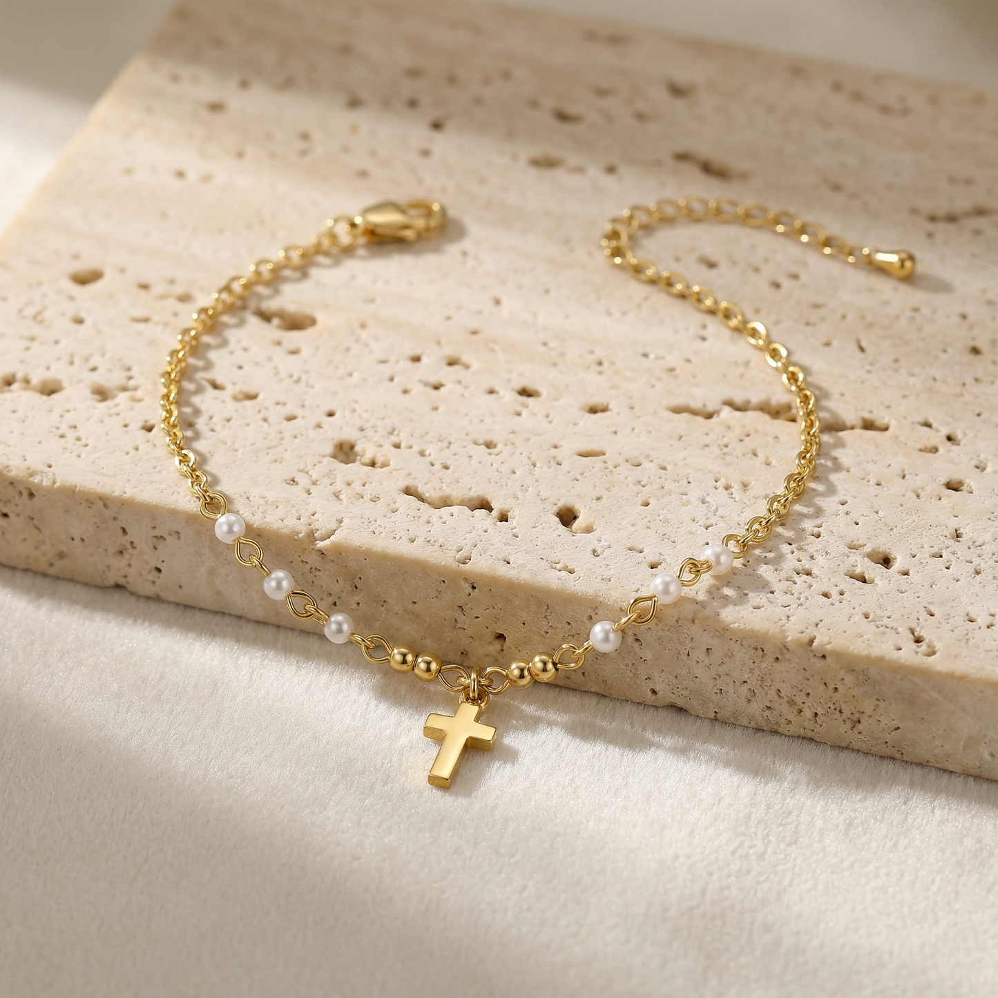 Aprilery Gold Cross Pearl Anklet for Women, Dainty Adjustable Religious Ankle Bracelet, Trendy Summer Beach Foot Jewelry Gift