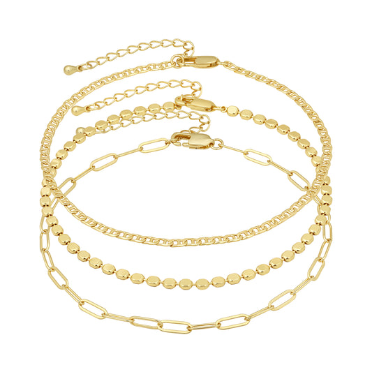 Aprilery 3Pcs Gold Layered Anklet Set for Women, Dainty Adjustable Cuban Link, Paperclip & Beaded Chain Ankle Bracelets, Trendy Summer Beach Foot Jewelry Gift