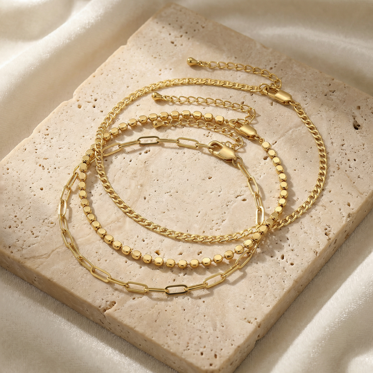 Aprilery 3Pcs Gold Layered Anklet Set for Women, Dainty Adjustable Cuban Link, Paperclip & Beaded Chain Ankle Bracelets, Trendy Summer Beach Foot Jewelry Gift