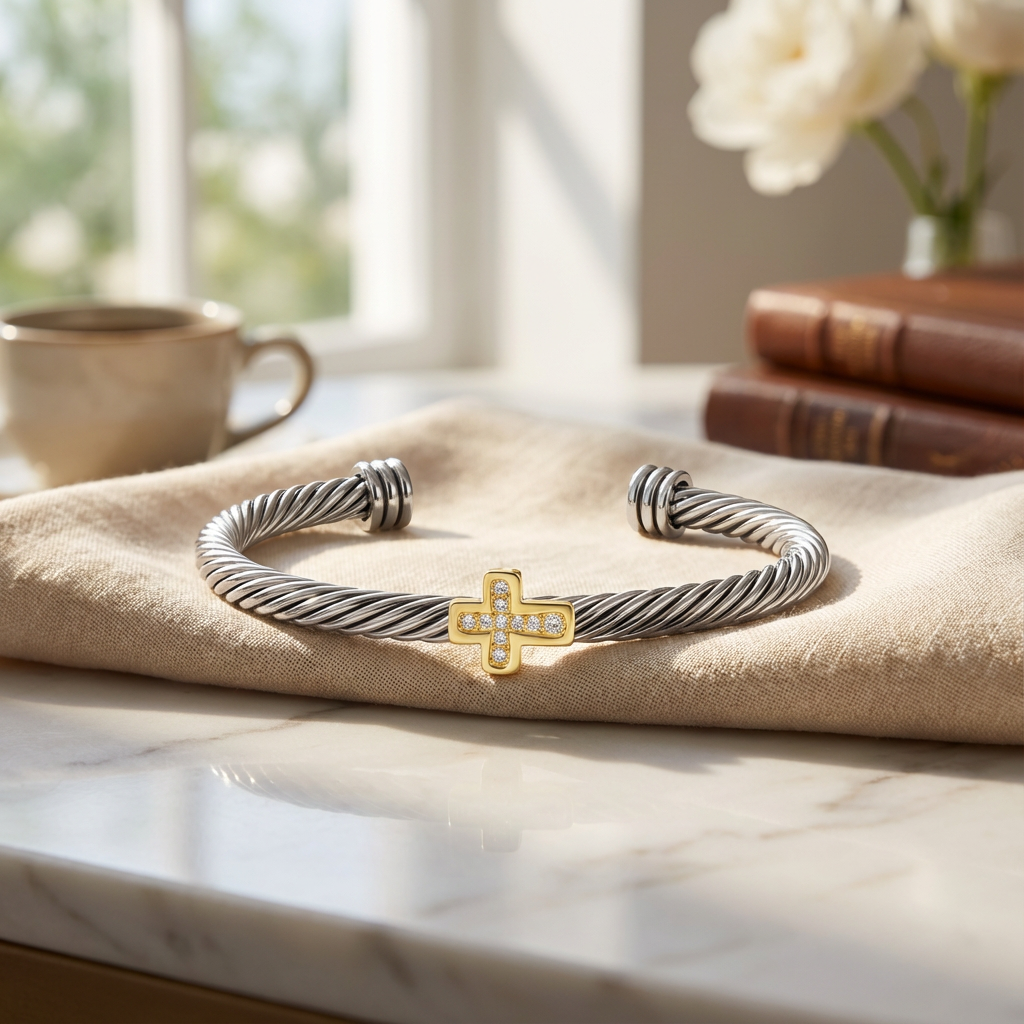 Aprilery Cuff Bracelet for Women Silver Wire Twisted Two Tone Cable Bracelet Gold Cross Cuff Bangle Vintage Bracelets Jewelry Gifts