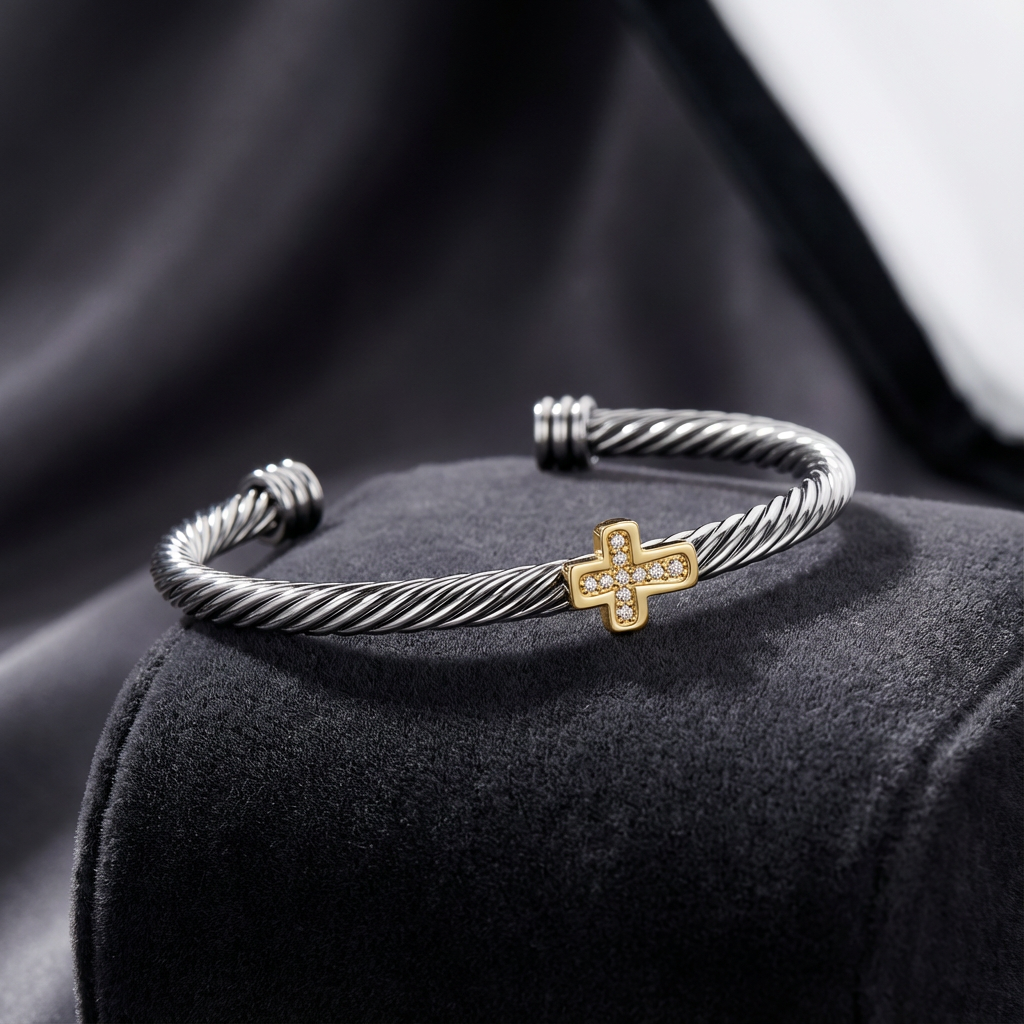 Aprilery Cuff Bracelet for Women Silver Wire Twisted Two Tone Cable Bracelet Gold Cross Cuff Bangle Vintage Bracelets Jewelry Gifts