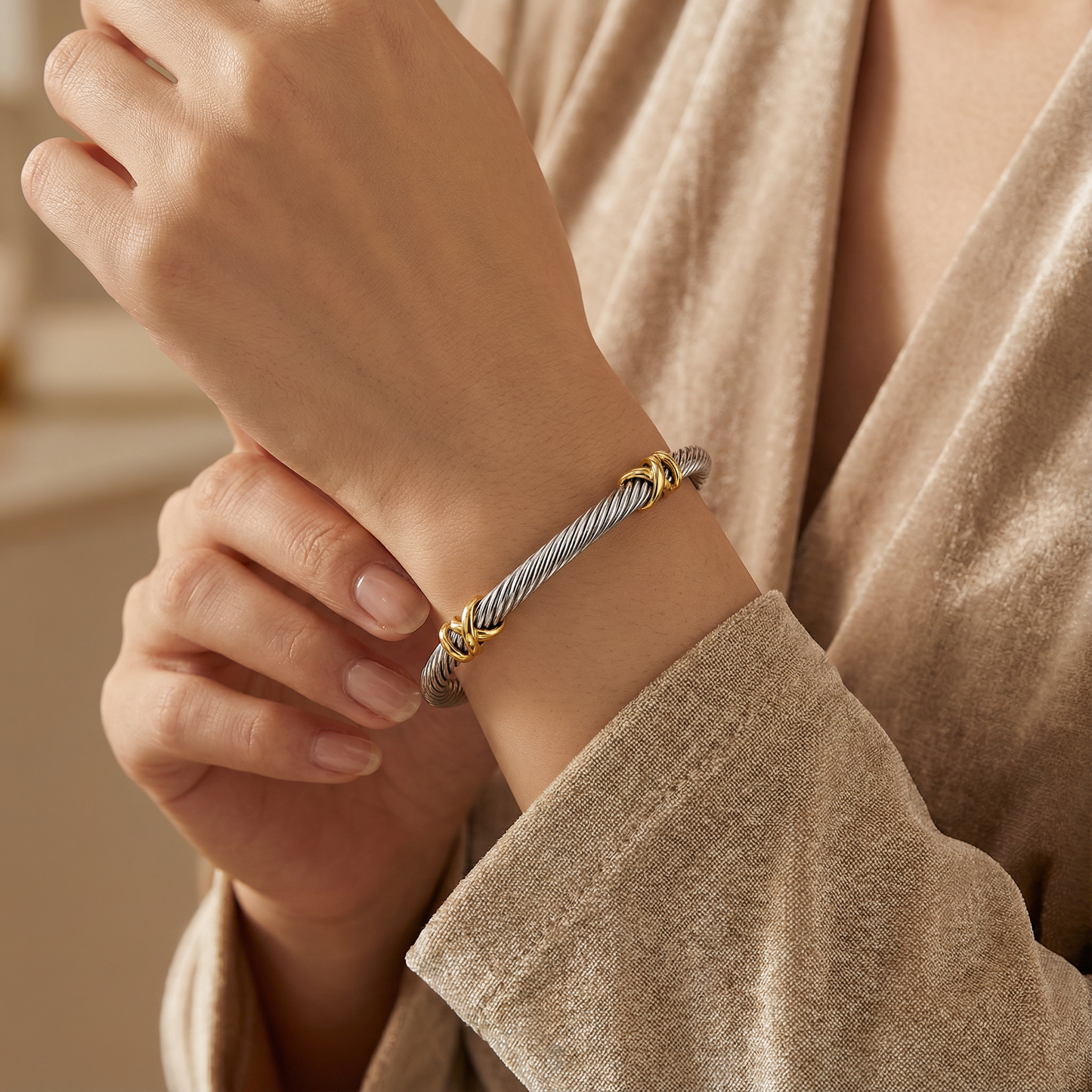Aprilery Cuff Bracelet for Women Silver Wire Twisted Two Tone Cable Bracelet Gold Cuff Bangle Vintage Bracelets Jewelry Gifts