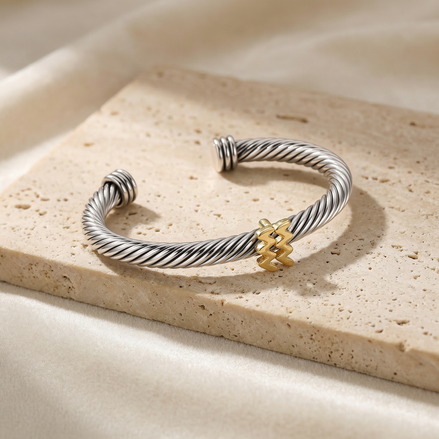 Aprilery Zodiac Twisted Cable Cuff Bracelet, Adjustable Open Bangle with 12 Constellation Signs, Gold & Silver Plated Astrology Jewelry Gift for Women