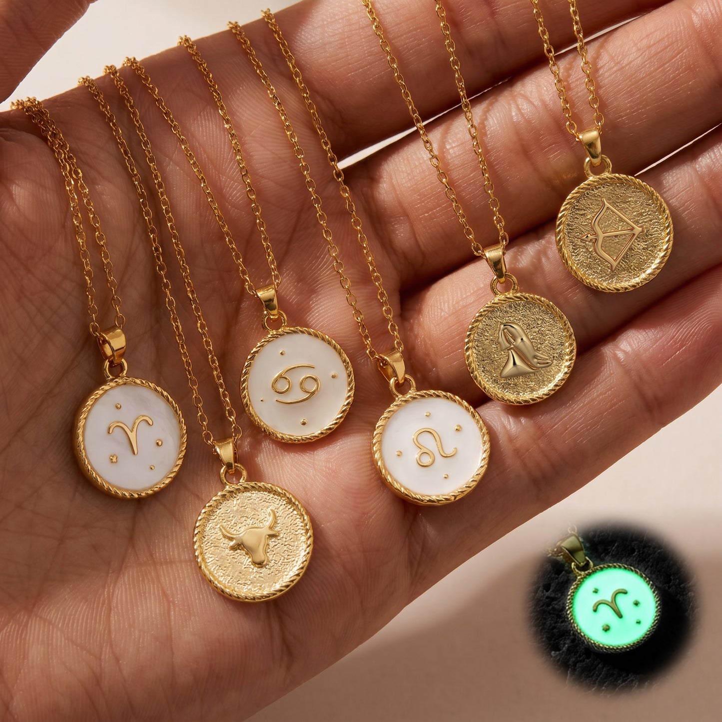 14K Gold Plated Zodiac Necklace Series – Dainty Zodiac Signs Coin Necklace, Glow in the Dark Pendant, 2-in-1 Double-Sided, Adjustable Unisex Chain, Astrology Jewelry, Birthday & Couple Gift