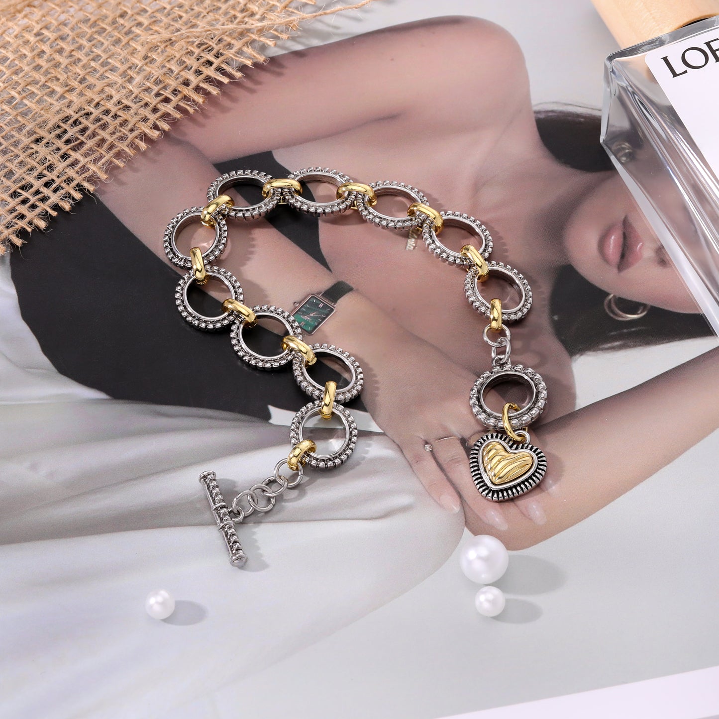 Aprilery Cable Link Bracelet for Women, Two Tone Circle Chain Bangle Link Bracelets Trendy Silver and Gold Bracelets Jewelry