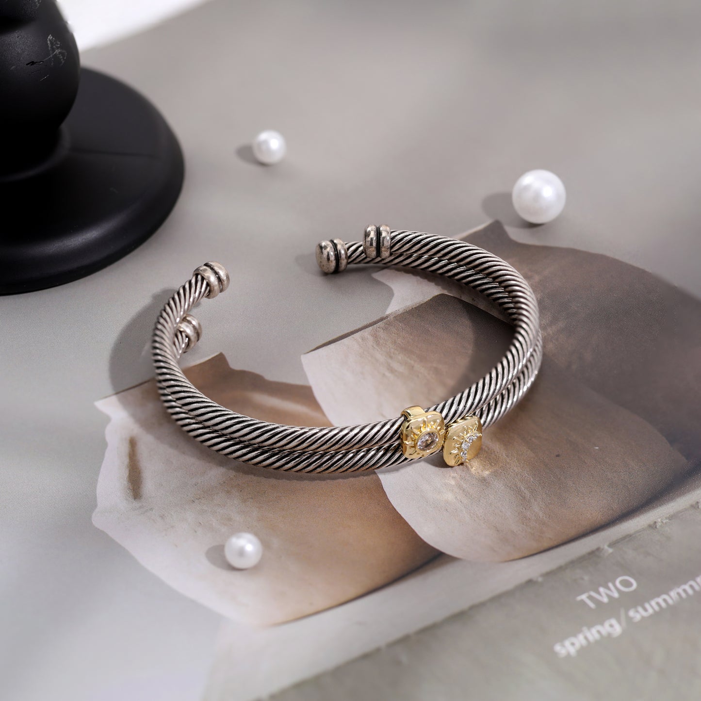 Aprilery Cuff Bracelet for Women Silver Wire Twisted Two Tone Cable Bracelet Gold Sun and Moon Cuff Bangle Vintage Bracelets Jewelry Gifts