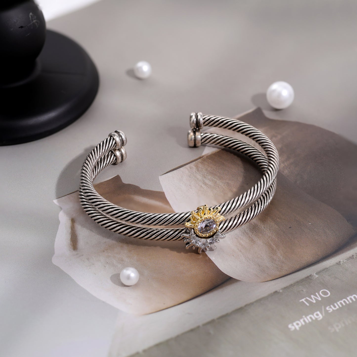 Aprilery Cuff Bracelet for Women Silver Wire Twisted Two Tone Cable Bracelet Gold Sun and Moon Cuff Bangle Vintage Bracelets Jewelry Gifts