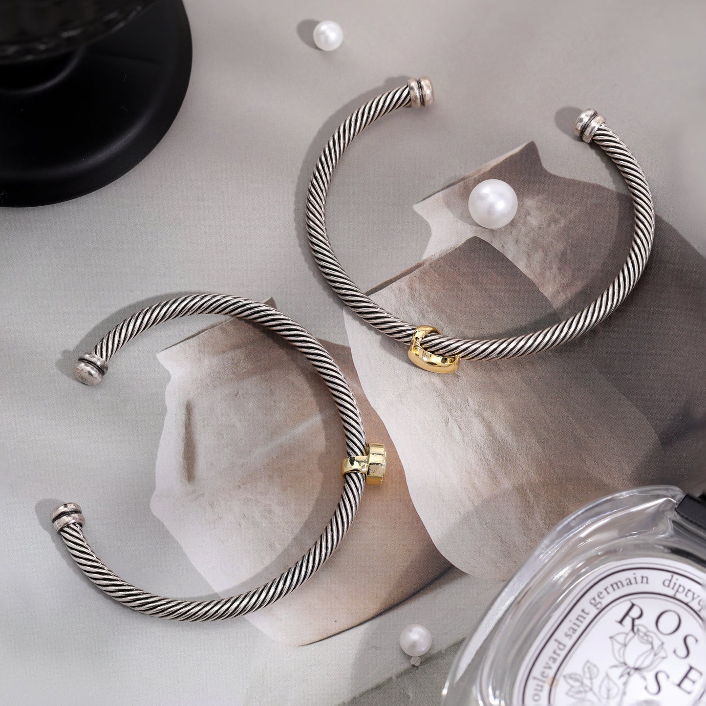 Aprilery Cuff Bracelet for Women Silver Wire Twisted Two Tone Cable Bracelet Gold Sun and Moon Cuff Bangle Vintage Bracelets Jewelry Gifts