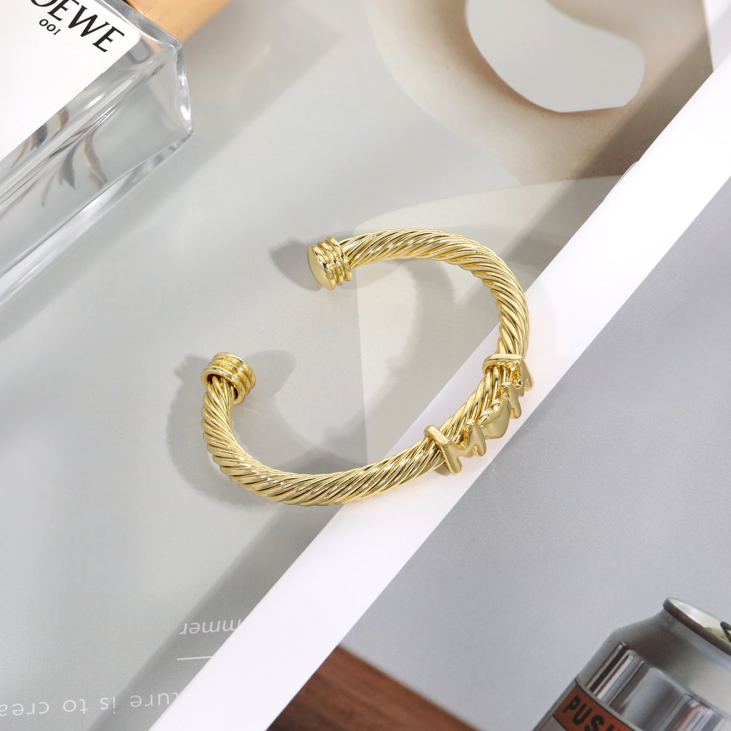 Aprilery Cuff Bracelet for Women Silver Wire Twisted Two Tone Cable Bracelet Gold Letter Cuff Bangle Vintage Bracelets Jewelry Gifts