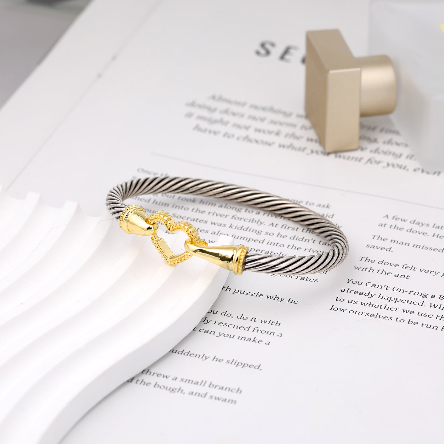 Aprilery Cuff Bracelets for Women Two Tone - Cable Bangle Bracelet Twisted Silver Wire - Gold Hook Heart Vintage Mixed Metal Cuff Bracelets Jewelry Gift