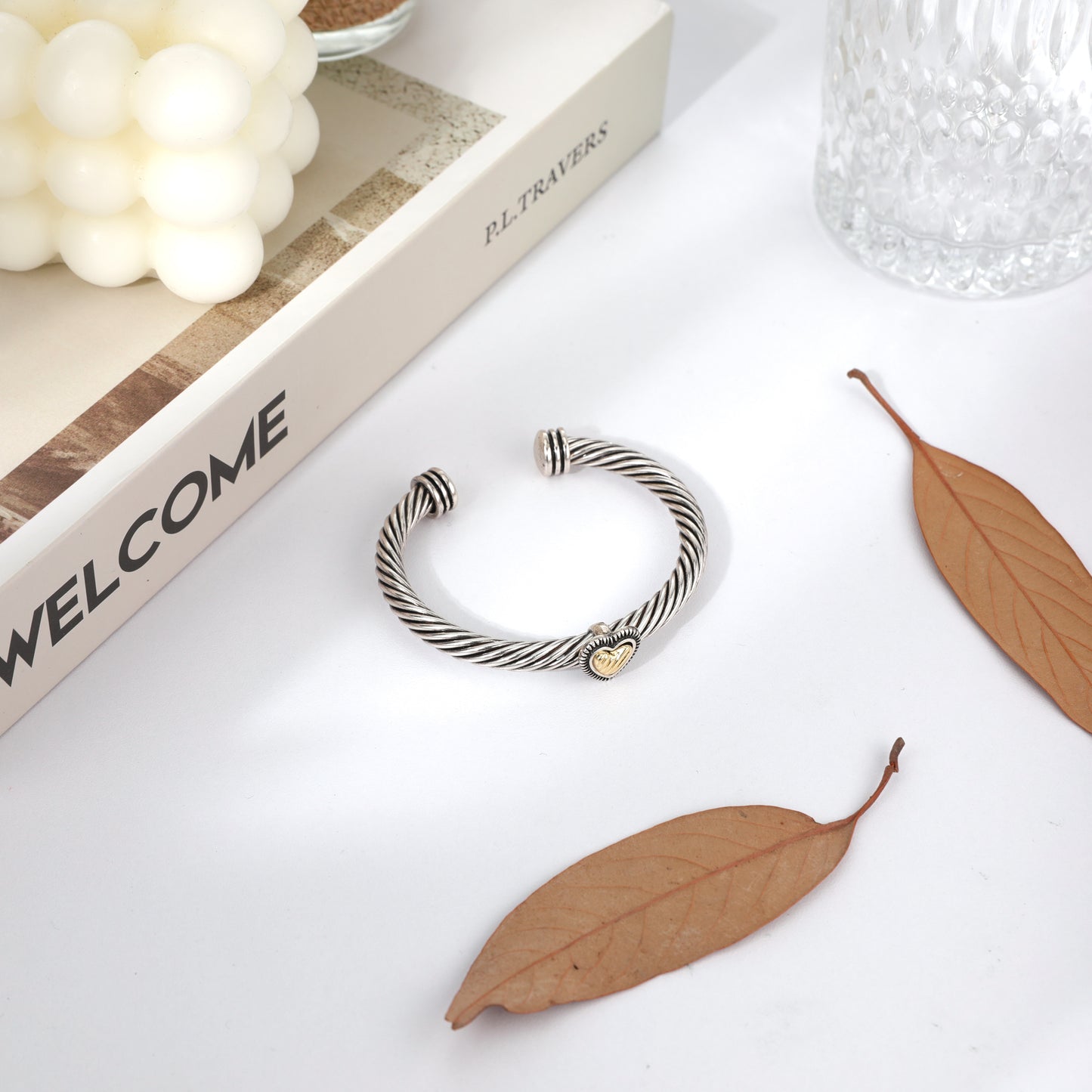 Aprilery Cuff Bracelet for Women Silver Wire Twisted Two Tone Cable Bracelet Gold Heart Cuff Bangle Vintage Bracelets Jewelry Gifts