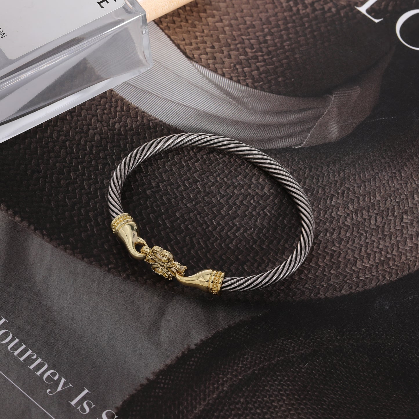 Aprilery Cuff Bracelets for Women Two Tone - Cable Bangle Bracelet Twisted Silver Wire - Gold Hook Vintage Mixed Metal Cuff Bracelets Jewelry Gift