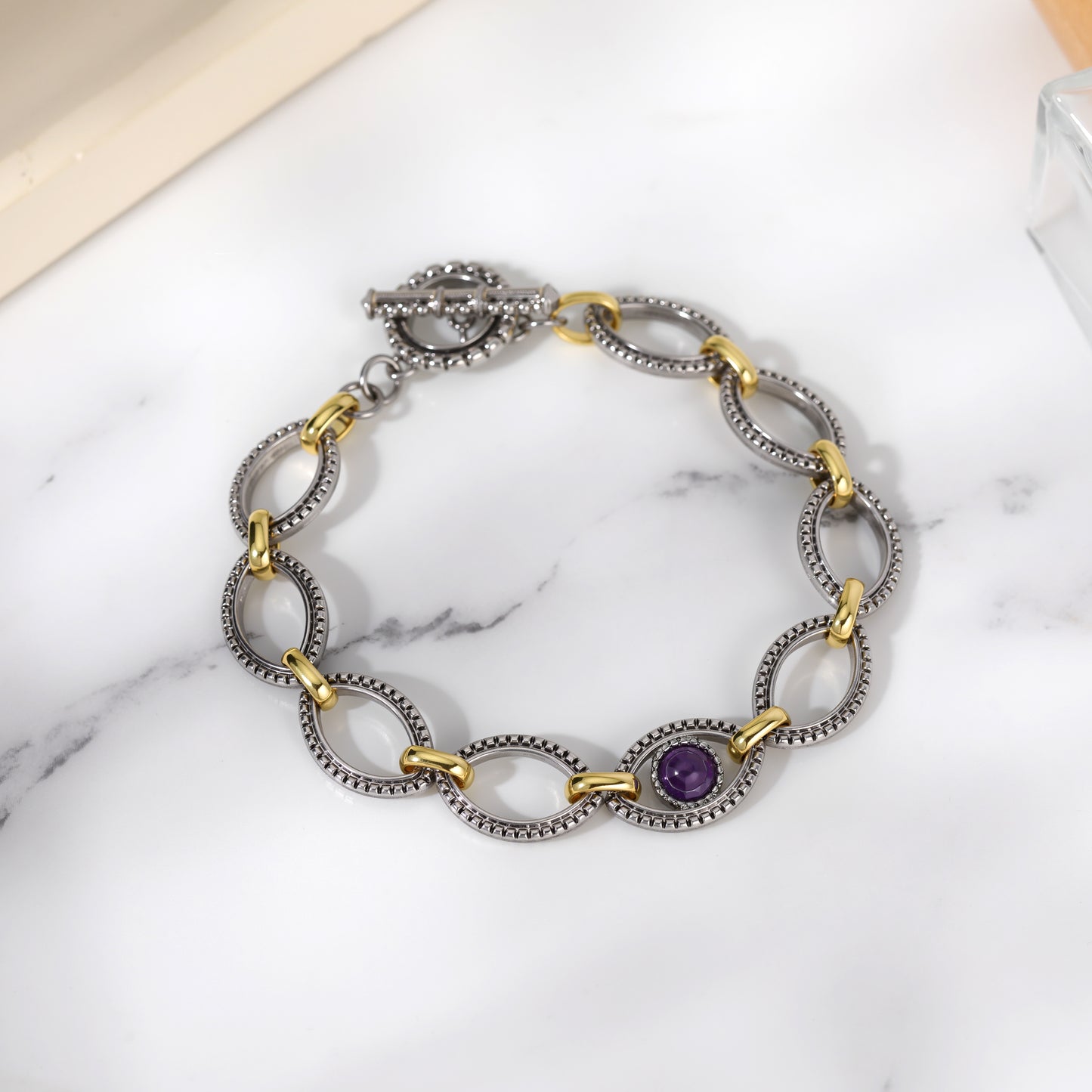 Aprilery Cable Link Bracelet for Women, Two Tone Circle Chain Bangle Evil Eye Bracelets Trendy Silver and Gold Bracelets Jewelry