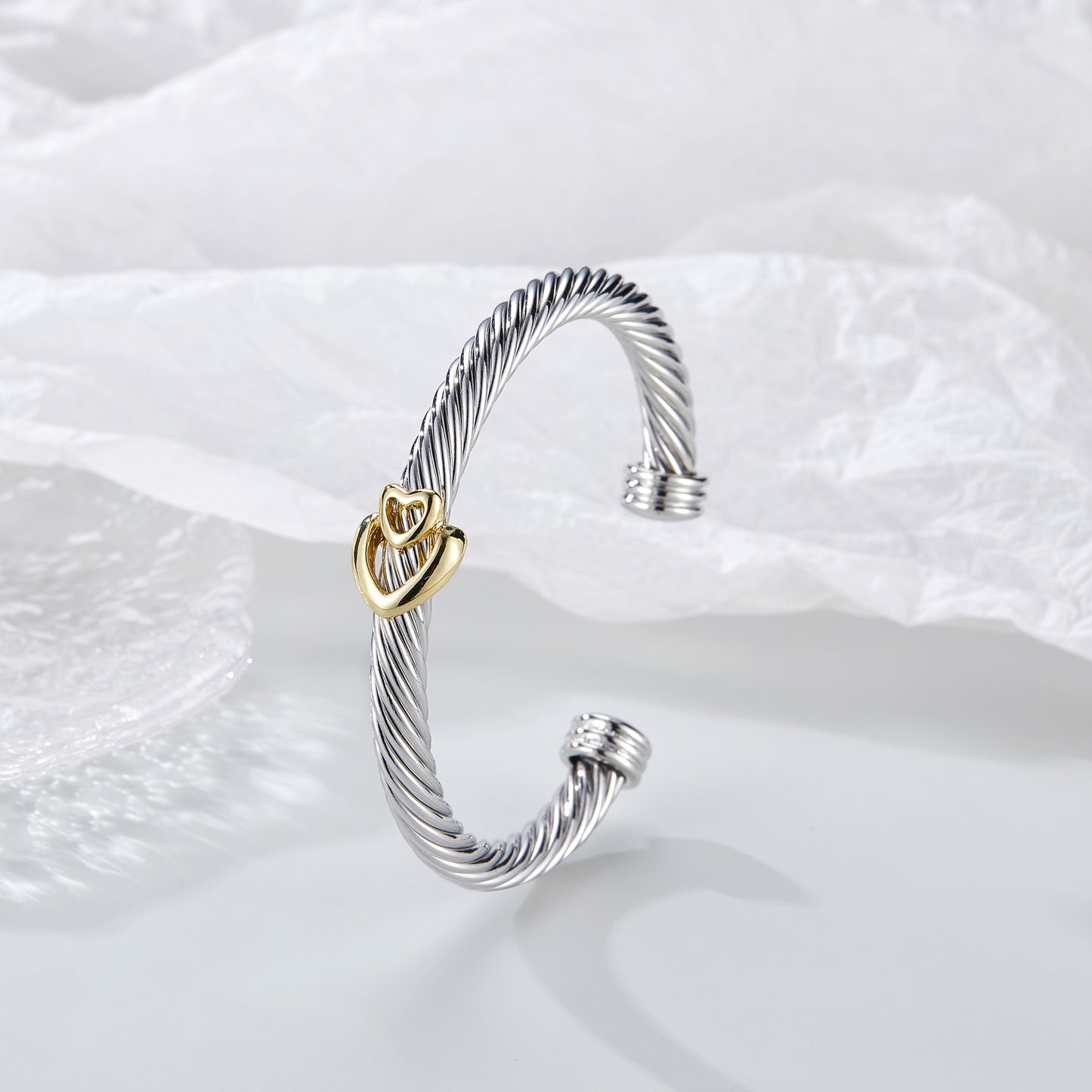 Aprilery Cuff Bracelet for Women Silver Wire Twisted Two Tone Cable Bracelet Gold Heart Cuff Bangle Vintage Bracelets Jewelry Gifts