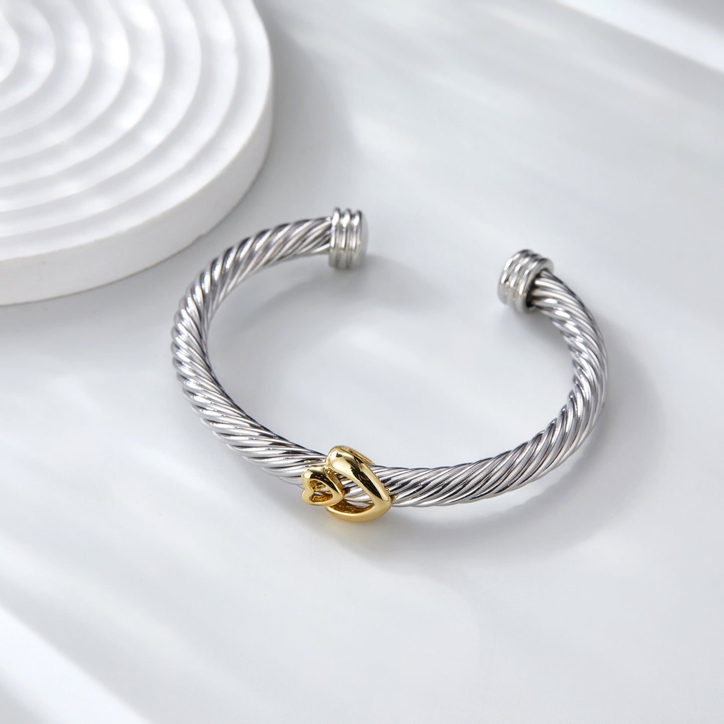 Aprilery Cuff Bracelet for Women Silver Wire Twisted Two Tone Cable Bracelet Gold Heart Cuff Bangle Vintage Bracelets Jewelry Gifts