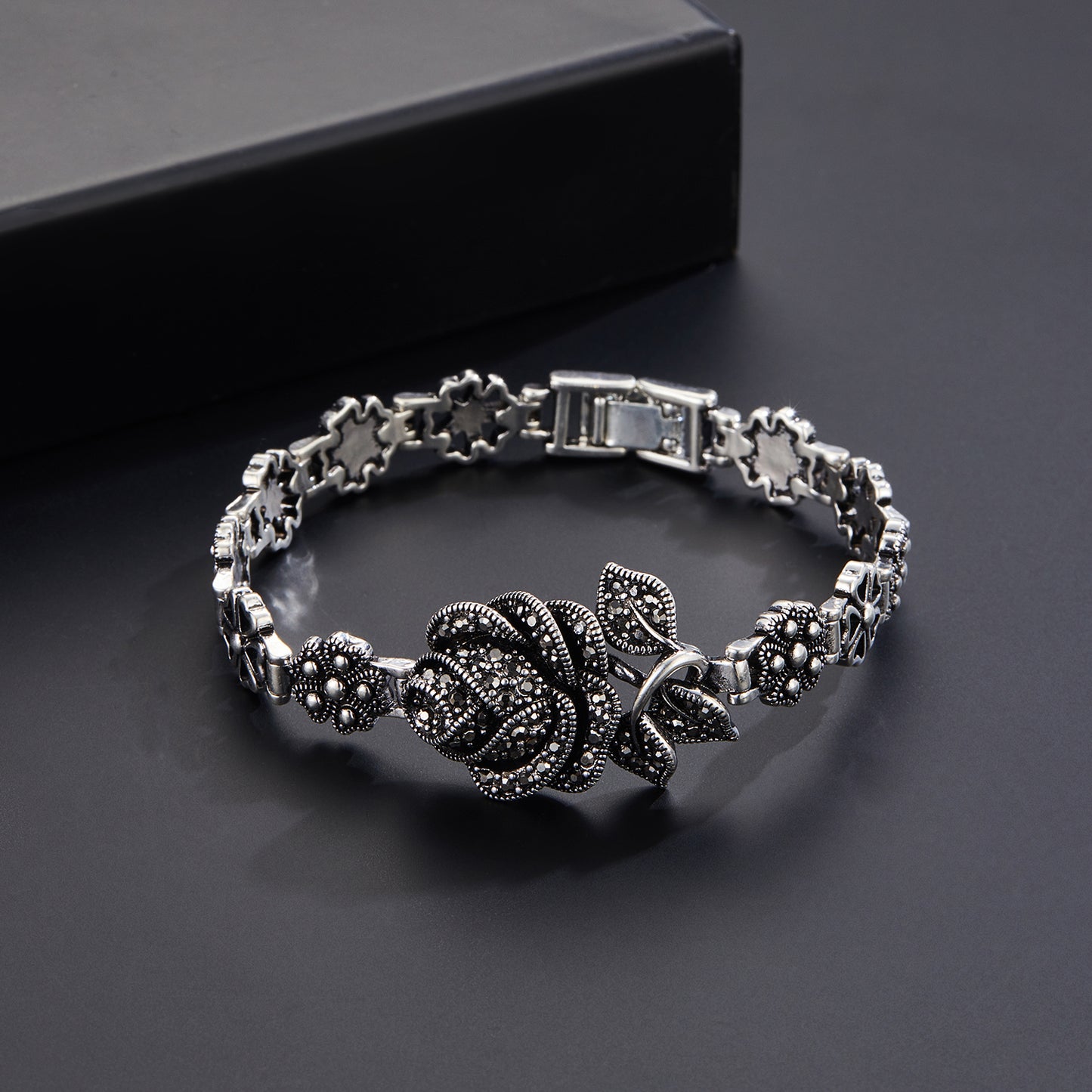 Black Rose Bracelets Onyx Marcasite Bangle for Women Bracelets Jewelry with Clasp Gifts for Her