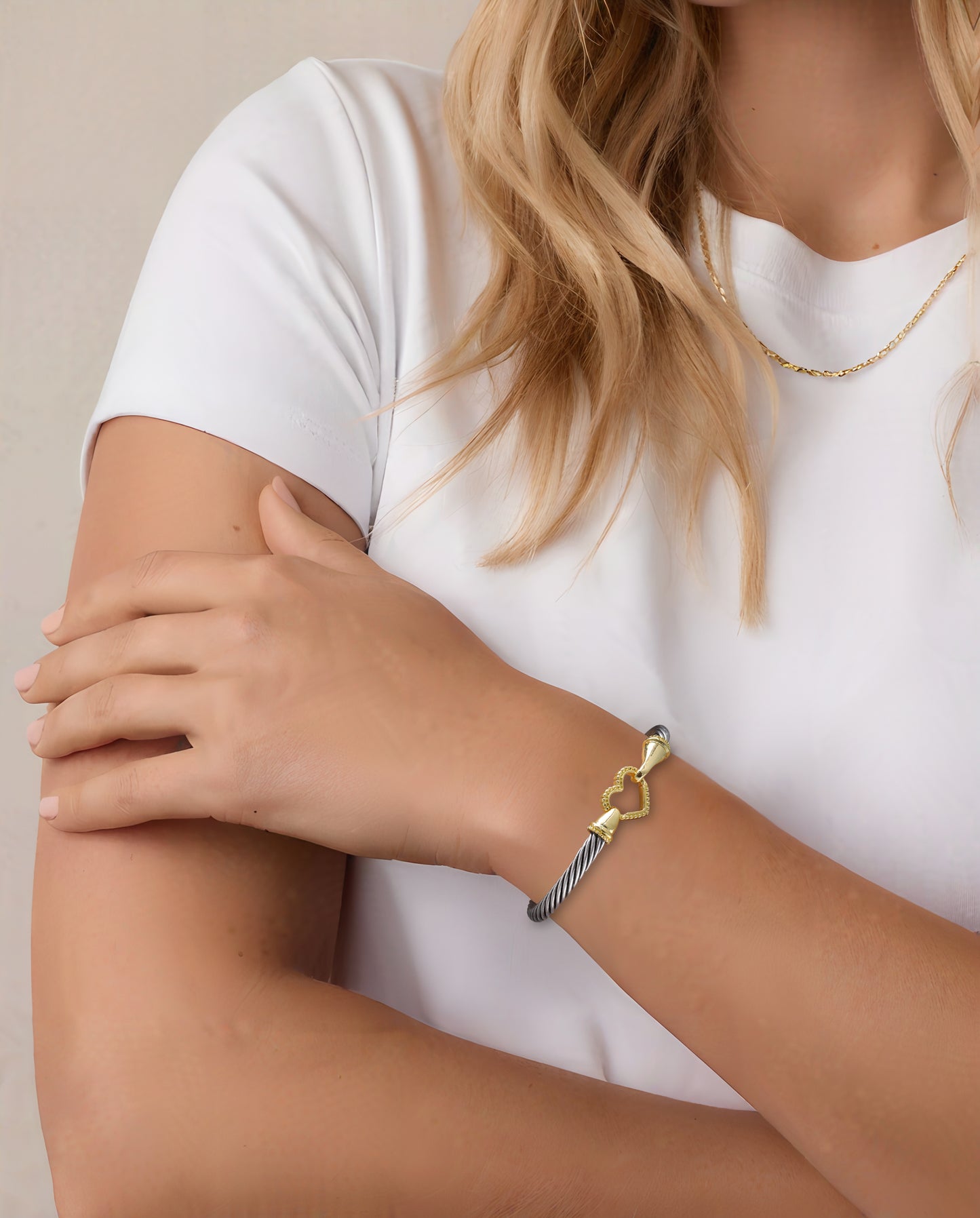 Aprilery Cuff Bracelets for Women Two Tone - Cable Bangle Bracelet Twisted Silver Wire - Gold Hook Heart Vintage Mixed Metal Cuff Bracelets Jewelry Gift