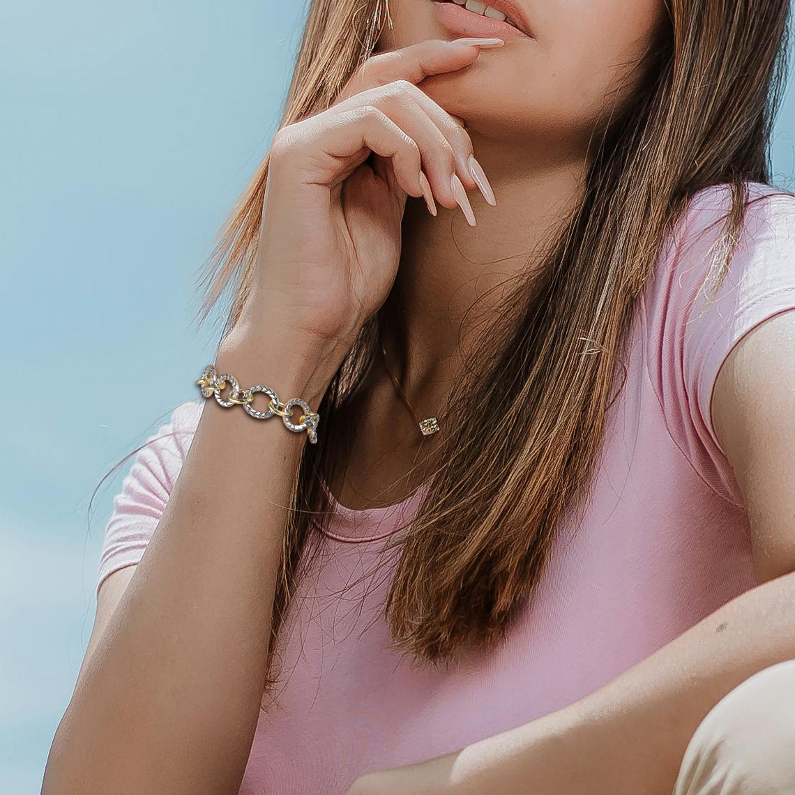 Aprilery Cable Link Bracelet for Women Two Tone Circle Chain Bangle Link Bracelets Trendy Silver and Gold Bracelets Jewelry