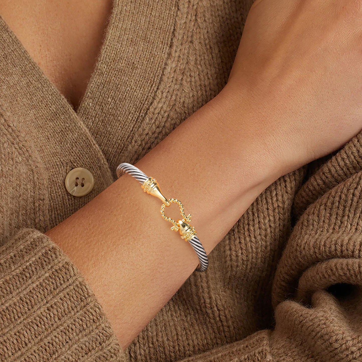 Aprilery Cuff Bracelets for Women Two Tone Cable Bangle Bracelet Twisted Silver Wire - Gold Hook Vintage Mixed Metal Cuff Bracelets Jewelry Gift