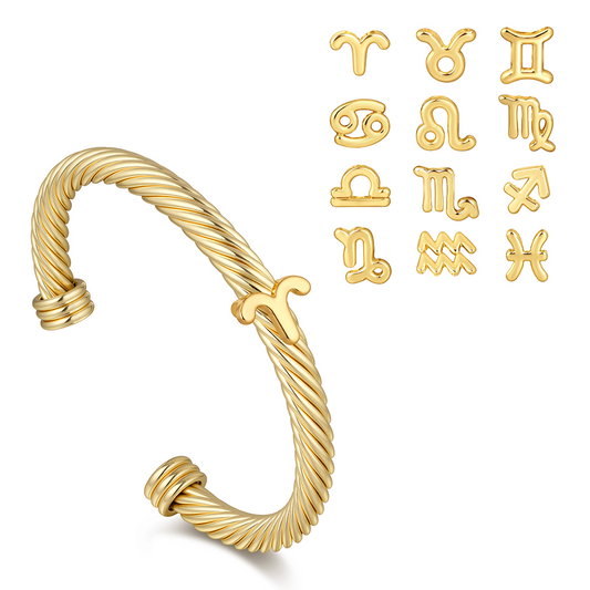 Aprilery Zodiac Twisted Cable Cuff Bracelet, Adjustable Open Bangle with 12 Constellation Signs, Gold & Silver Plated Astrology Jewelry Gift for Women