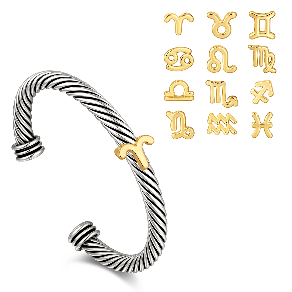 Aprilery Zodiac Twisted Cable Cuff Bracelet, Adjustable Open Bangle with 12 Constellation Signs, Gold & Silver Plated Astrology Jewelry Gift for Women