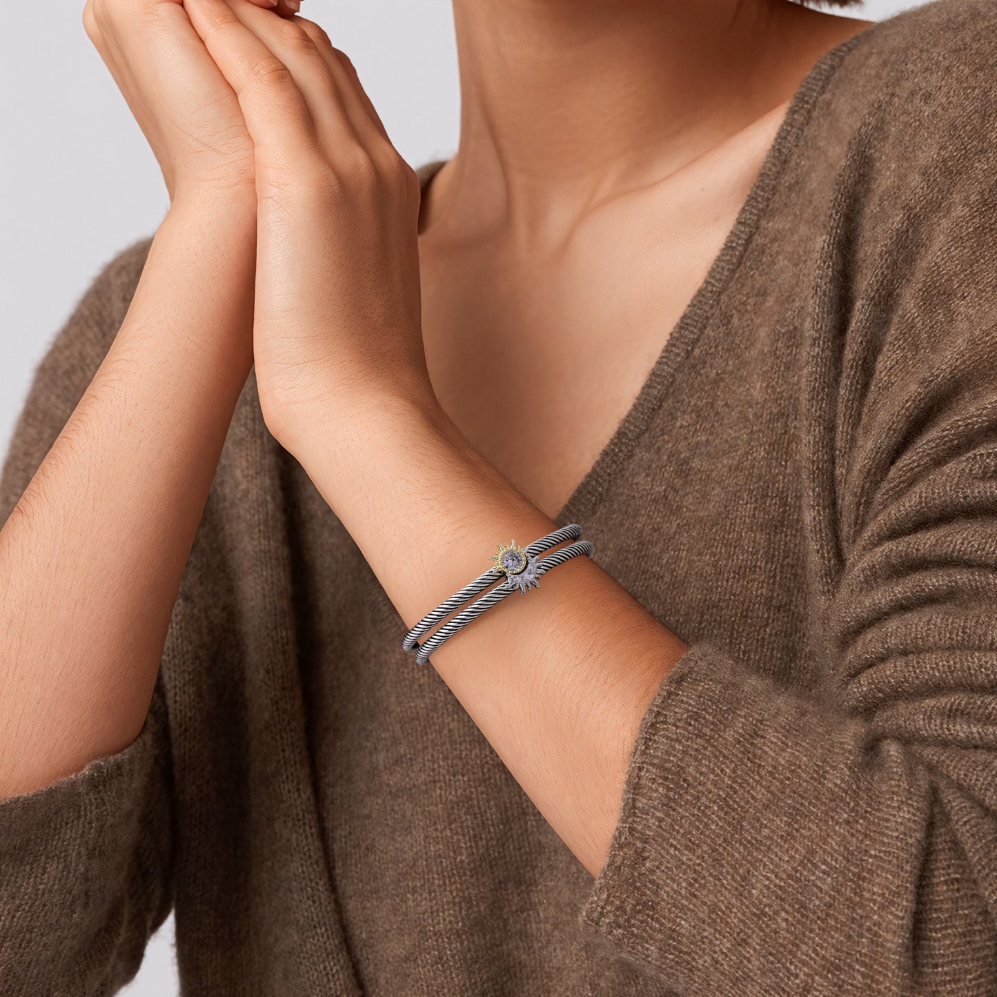 Aprilery Cuff Bracelet for Women Silver Wire Twisted Two Tone Cable Bracelet Gold Sun and Moon Cuff Bangle Vintage Bracelets Jewelry Gifts