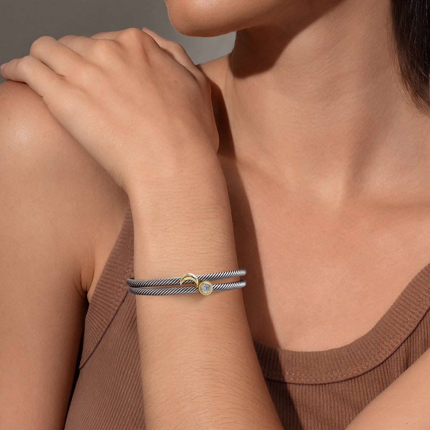 Aprilery Cuff Bracelet for Women Silver Wire Twisted Two Tone Cable Bracelet Gold Sun and Moon Cuff Bangle Vintage Bracelets Jewelry Gifts