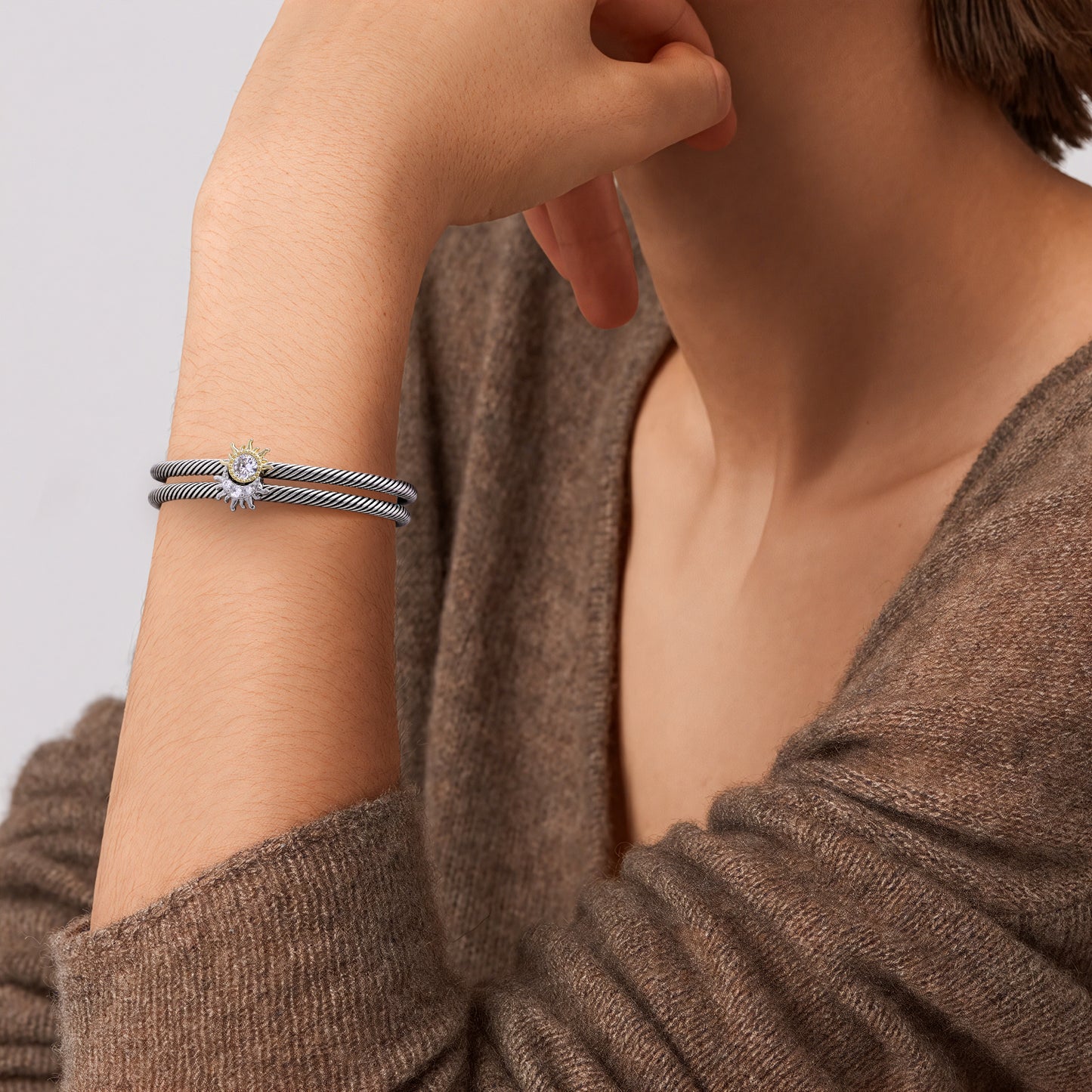 Aprilery Cuff Bracelet for Women Silver Wire Twisted Two Tone Cable Bracelet Gold Sun and Moon Cuff Bangle Vintage Bracelets Jewelry Gifts