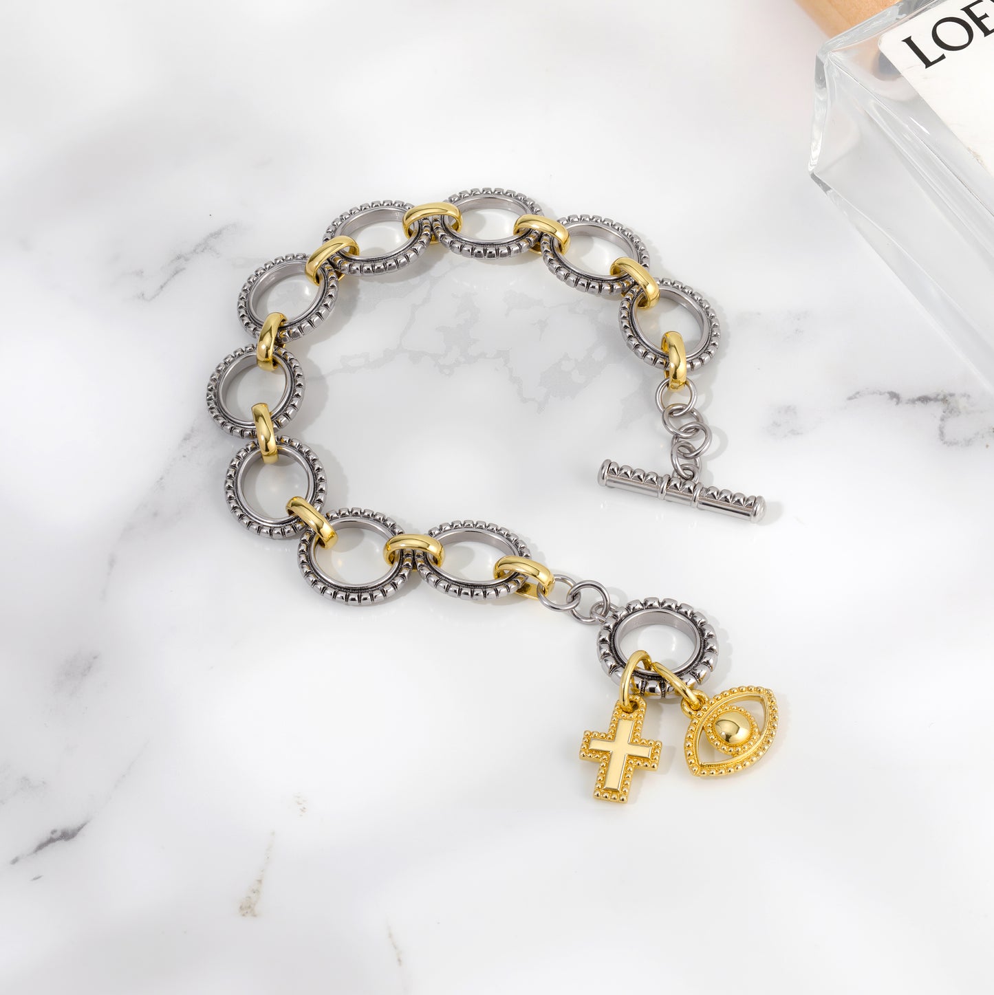 Aprilery Cable Link Bracelet for Women, Two Tone Circle Chain Bangle Evil Eye Bracelets Trendy Silver and Gold Bracelets Jewelry