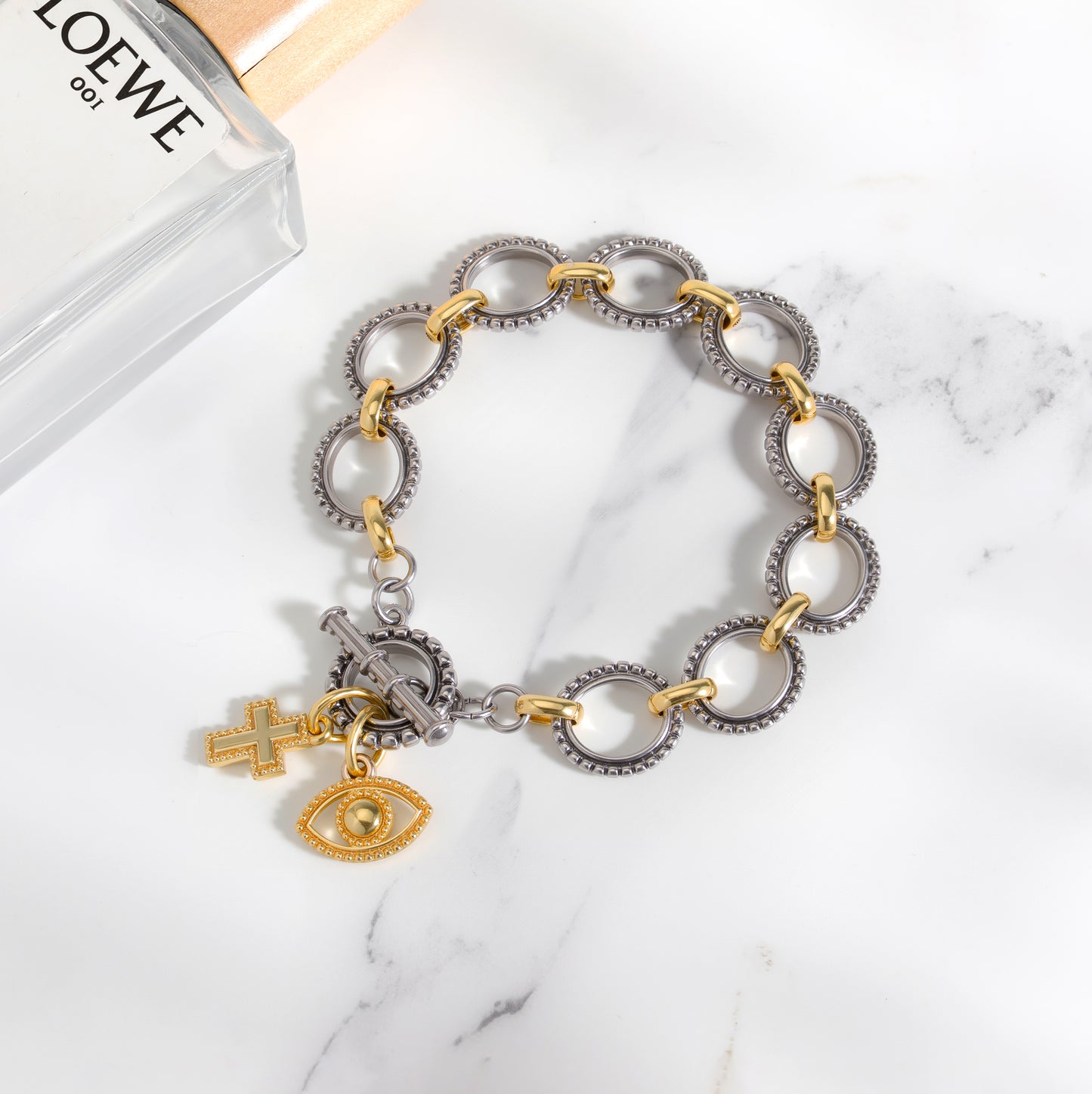 Aprilery Cable Link Bracelet for Women, Two Tone Circle Chain Bangle Evil Eye Bracelets Trendy Silver and Gold Bracelets Jewelry