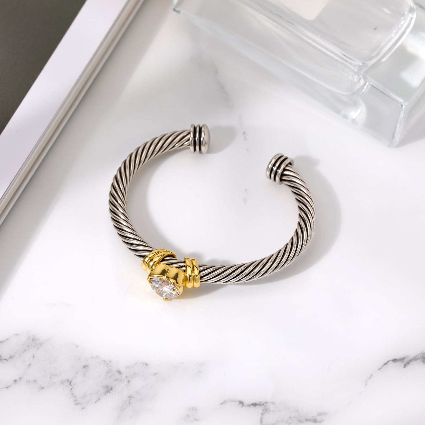 Aprilery Cuff Bracelet for Women Silver Wire Twisted Two Tone Cable Bracelet Cubic zirconia Heart Cuff Bangle Vintage Bracelets Jewelry Gifts